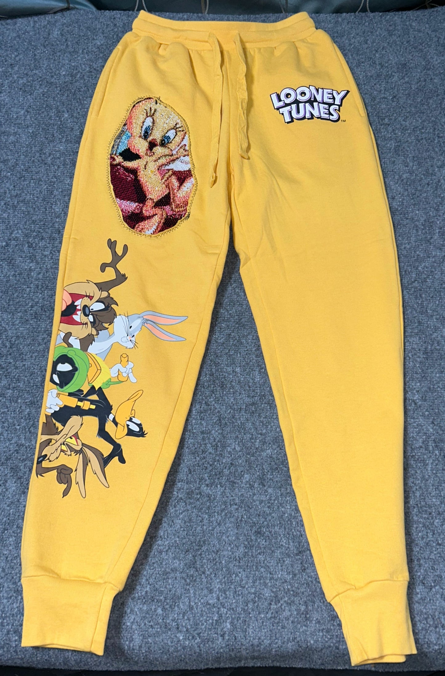One of a Kind - Tweedy Upcycled Looney Tunes Jogger Pants Yellow XS