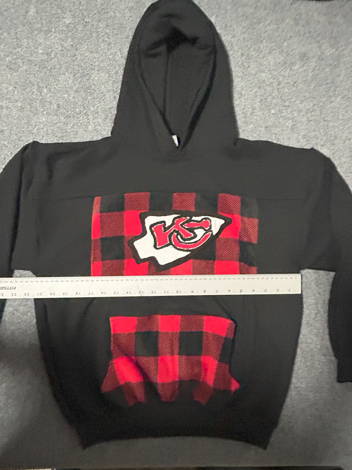 One-of-a-Kind Upcycled Handmade KC Black Hoodie with Black/Red Plaid Pocket and Center Piece - Size L