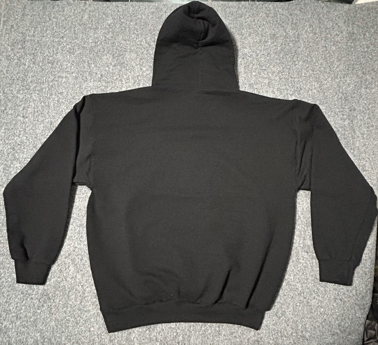 One-of-a-Kind Upcycled Handmade KC Black Hoodie with Black/Red Plaid Pocket and Center Piece - Size L