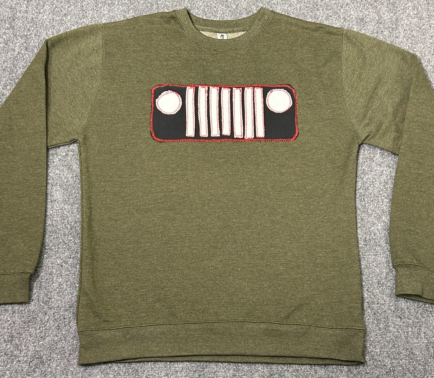 Upcycled/Reworked Dark Green Sweatshirt with Handmade Jeep Grille Patch – Mens Large