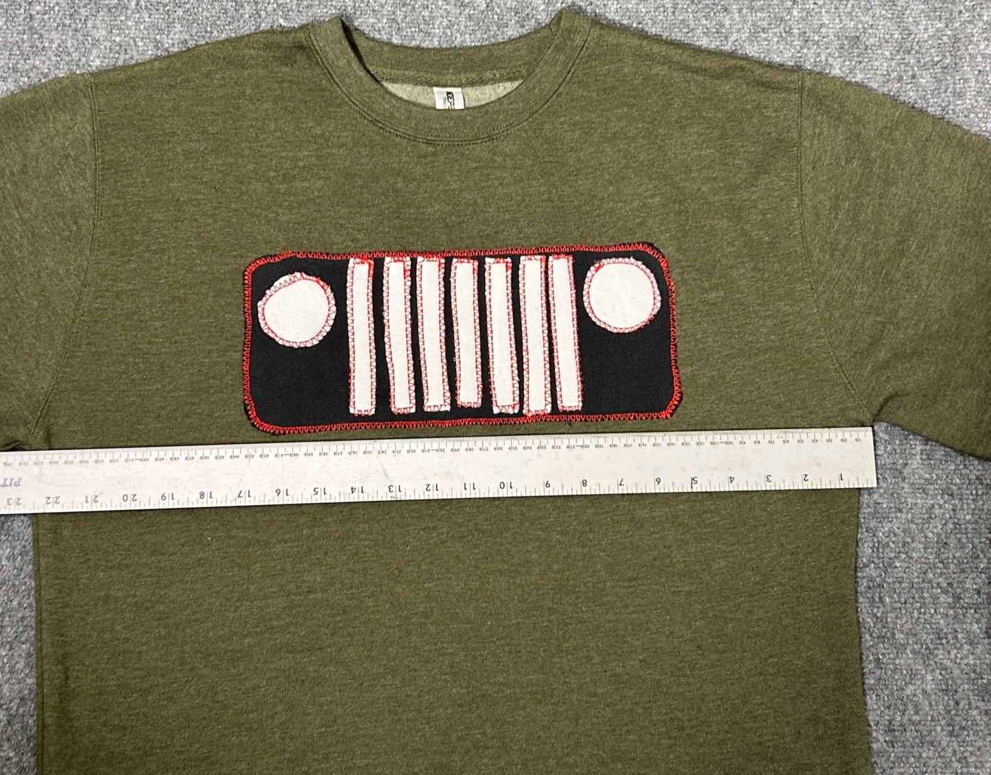 Upcycled/Reworked Dark Green Sweatshirt with Handmade Jeep Grille Patch – Mens Large