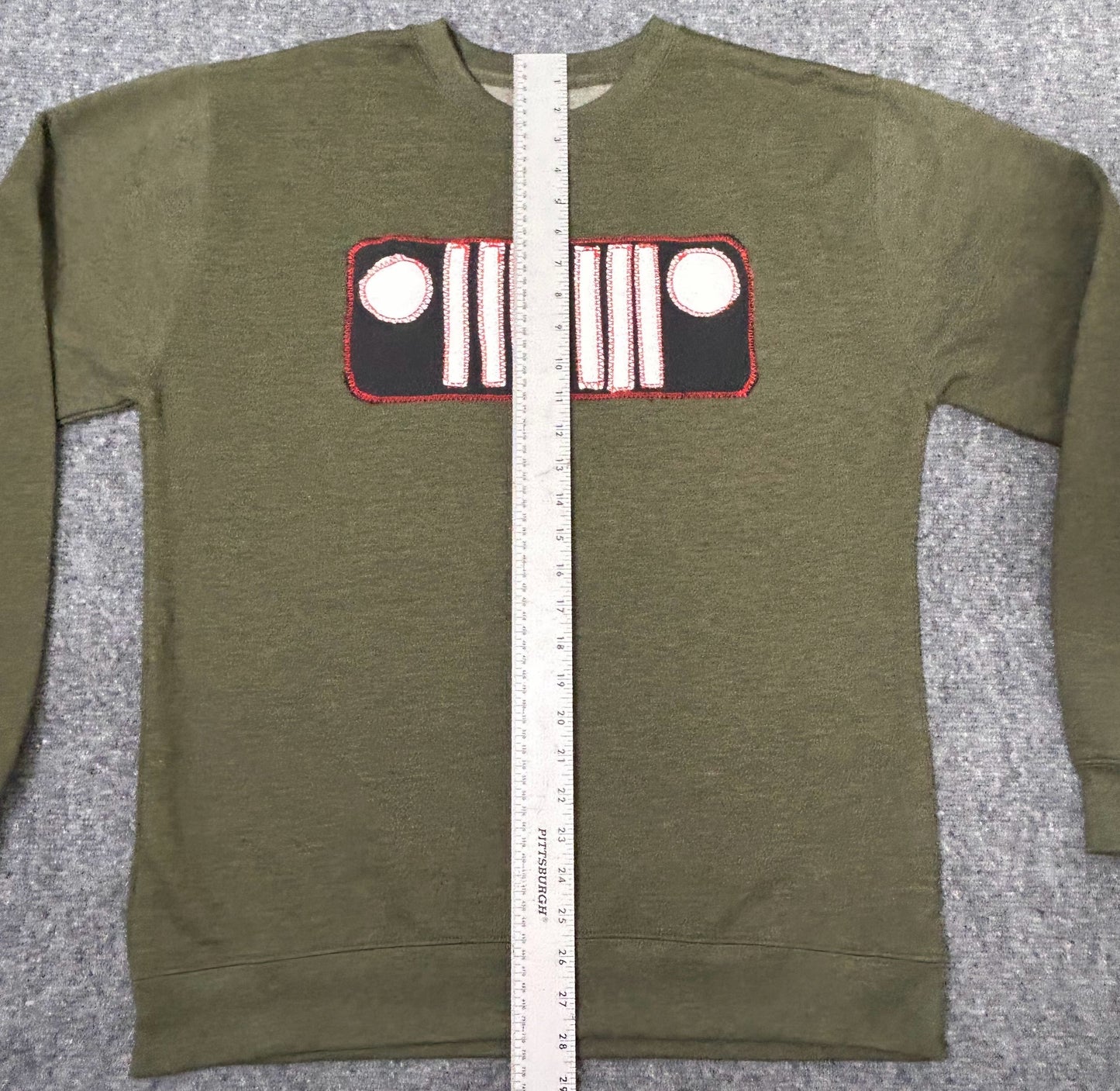 Upcycled/Reworked Dark Green Sweatshirt with Handmade Jeep Grille Patch – Mens Large