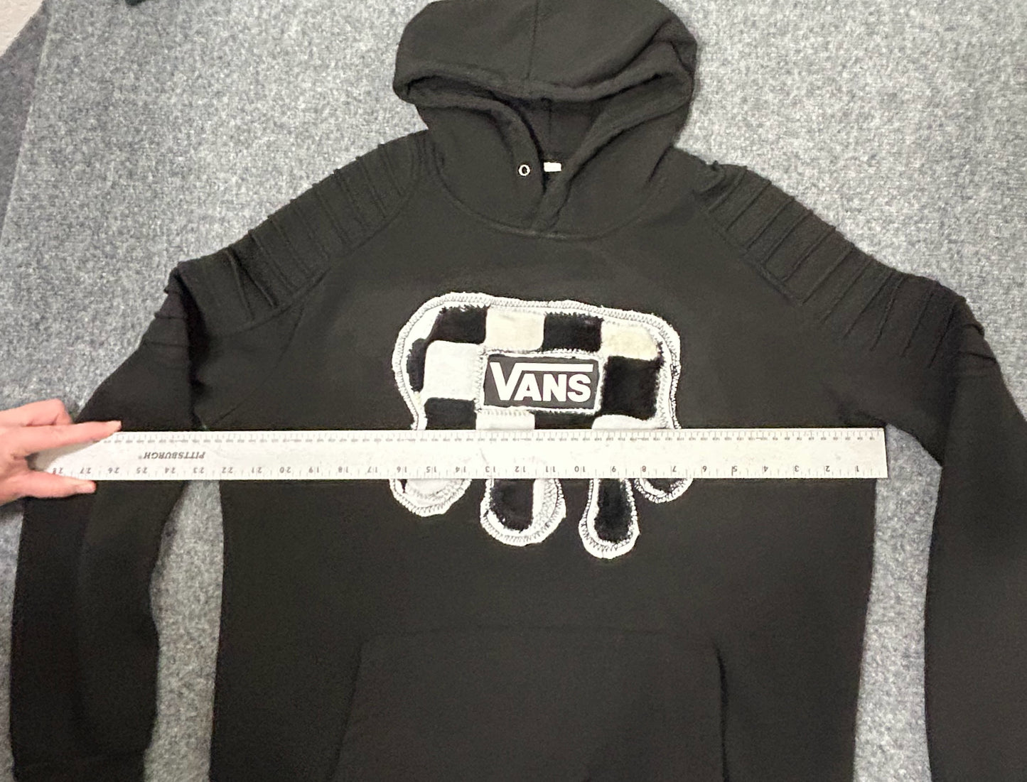 Handmade Checkered Patch on Reworked Vans Women's L Black Ribbed Sleeves