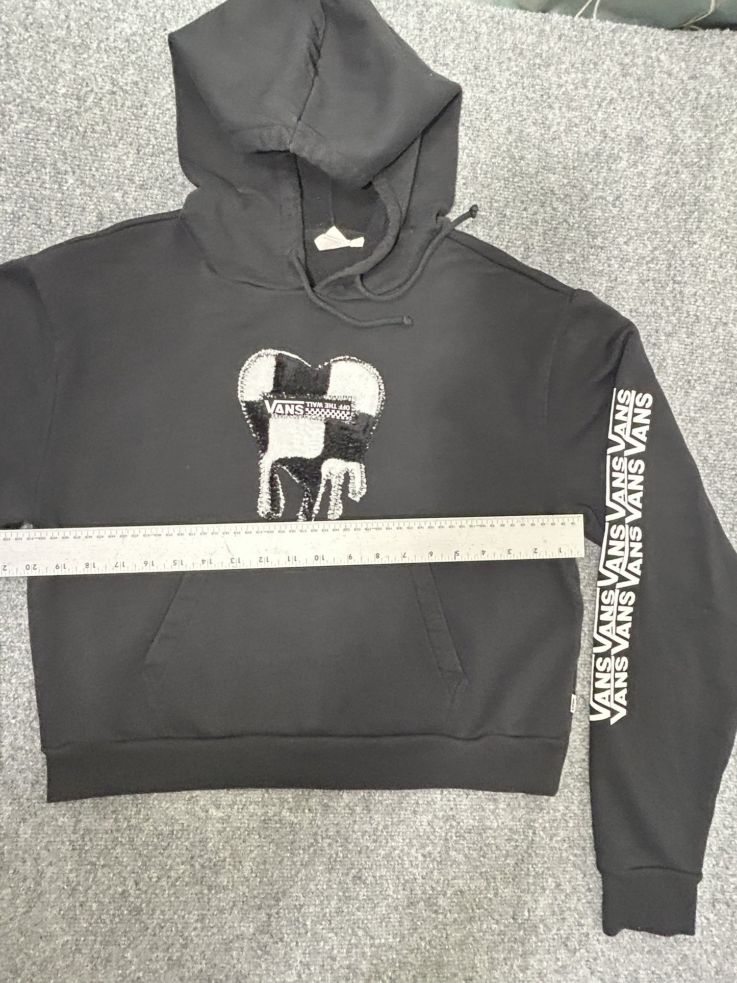 Handmade Checkered Patch on Reworked Vans Women's L Black Ribbed Sleeves