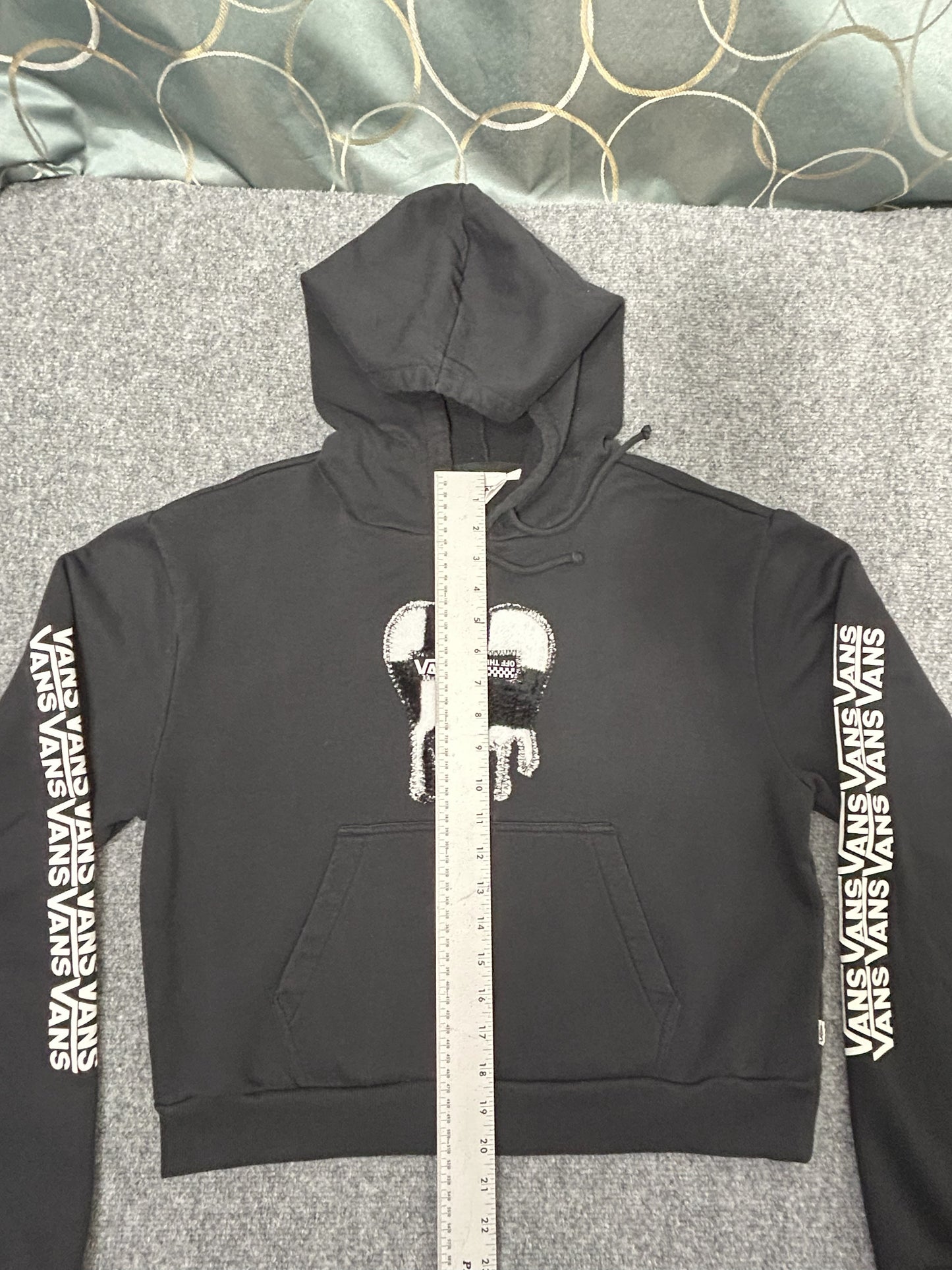 Handmade Checkered Patch on Reworked Vans Women's L Black Ribbed Sleeves
