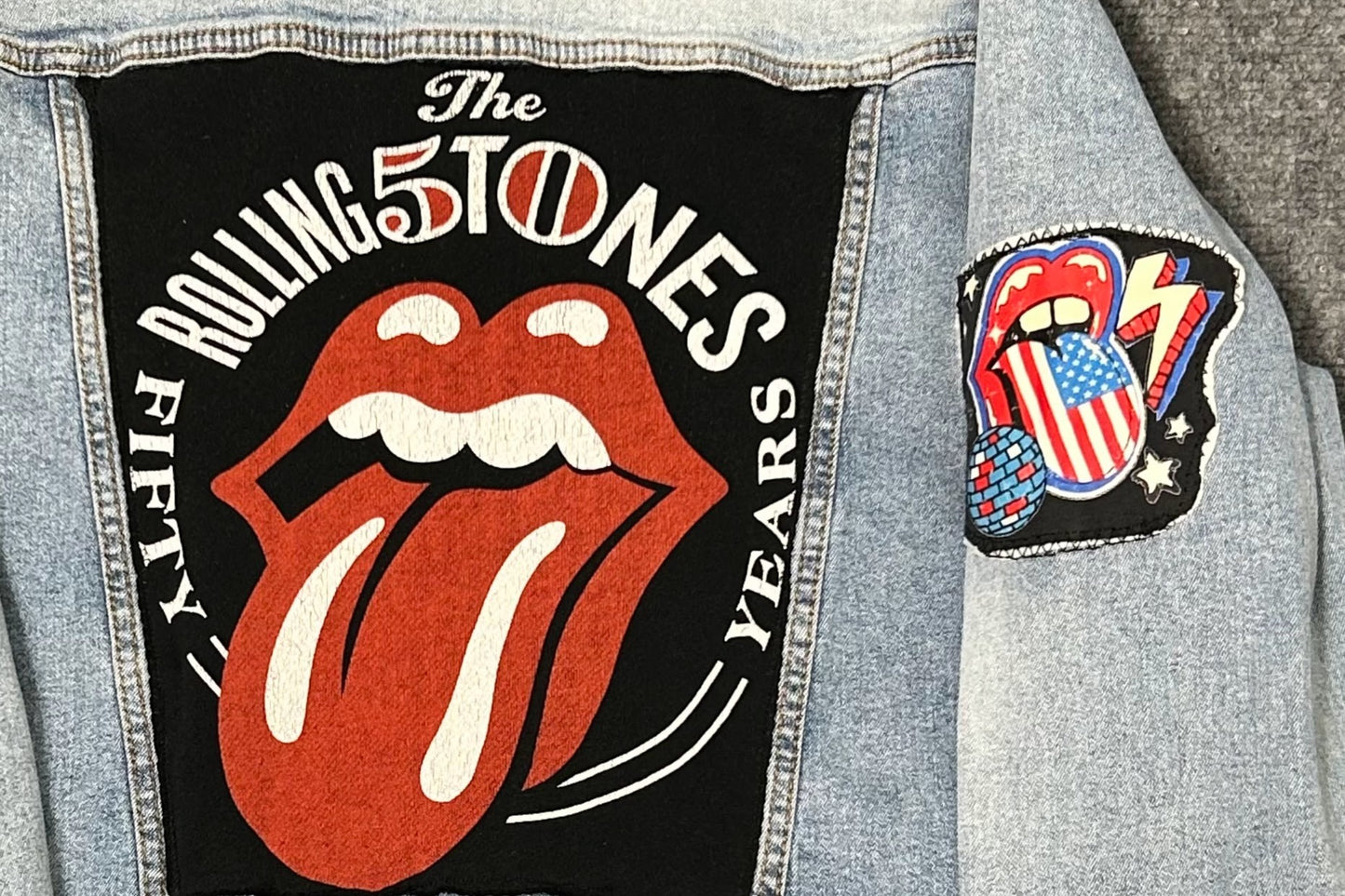 Upcycled/Reworked Jean Jacket / Patches - Rock n Roll & Rolling Stones Distressed Denim