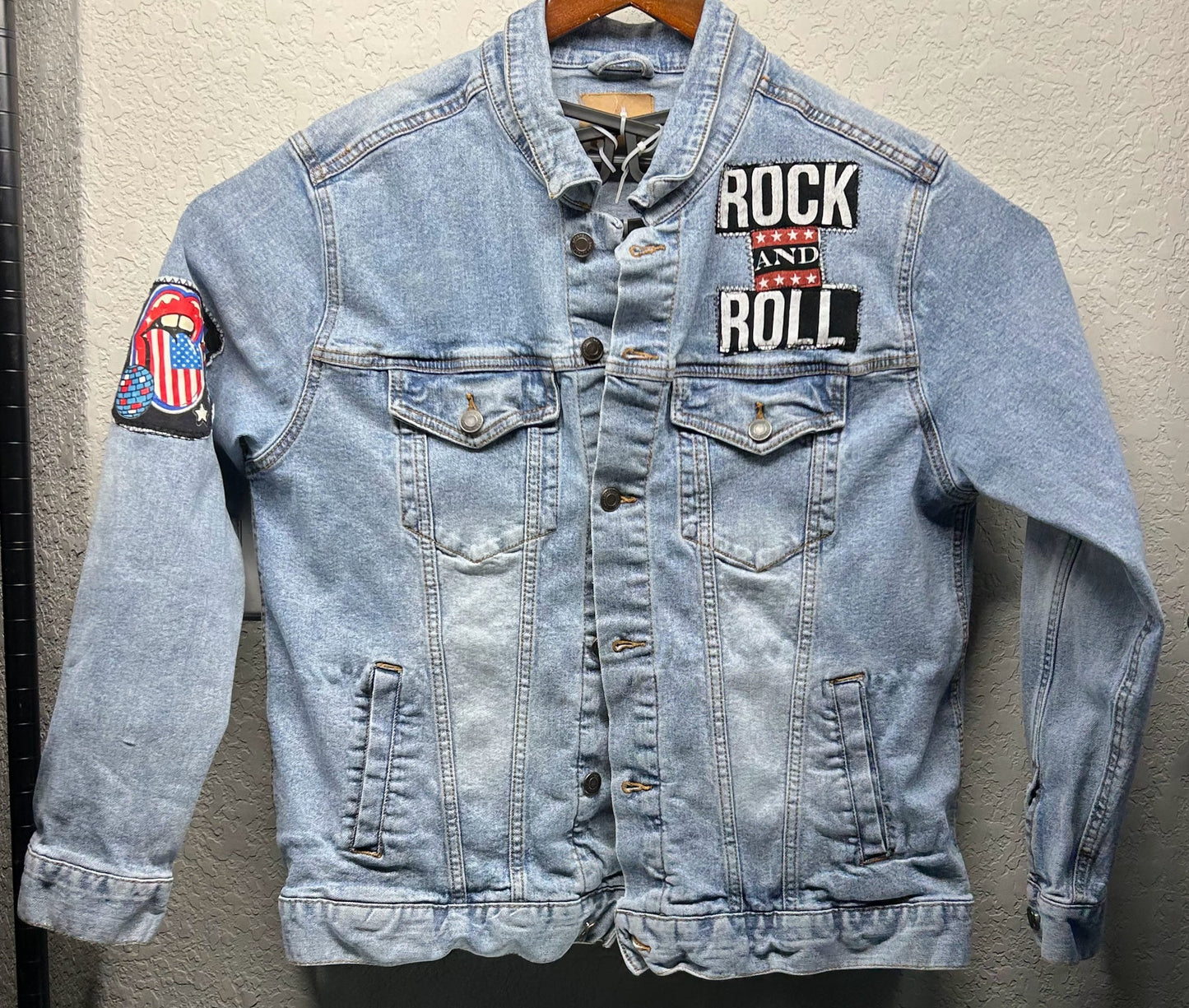 Upcycled/Reworked Jean Jacket / Patches - Rock n Roll & Rolling Stones Distressed Denim