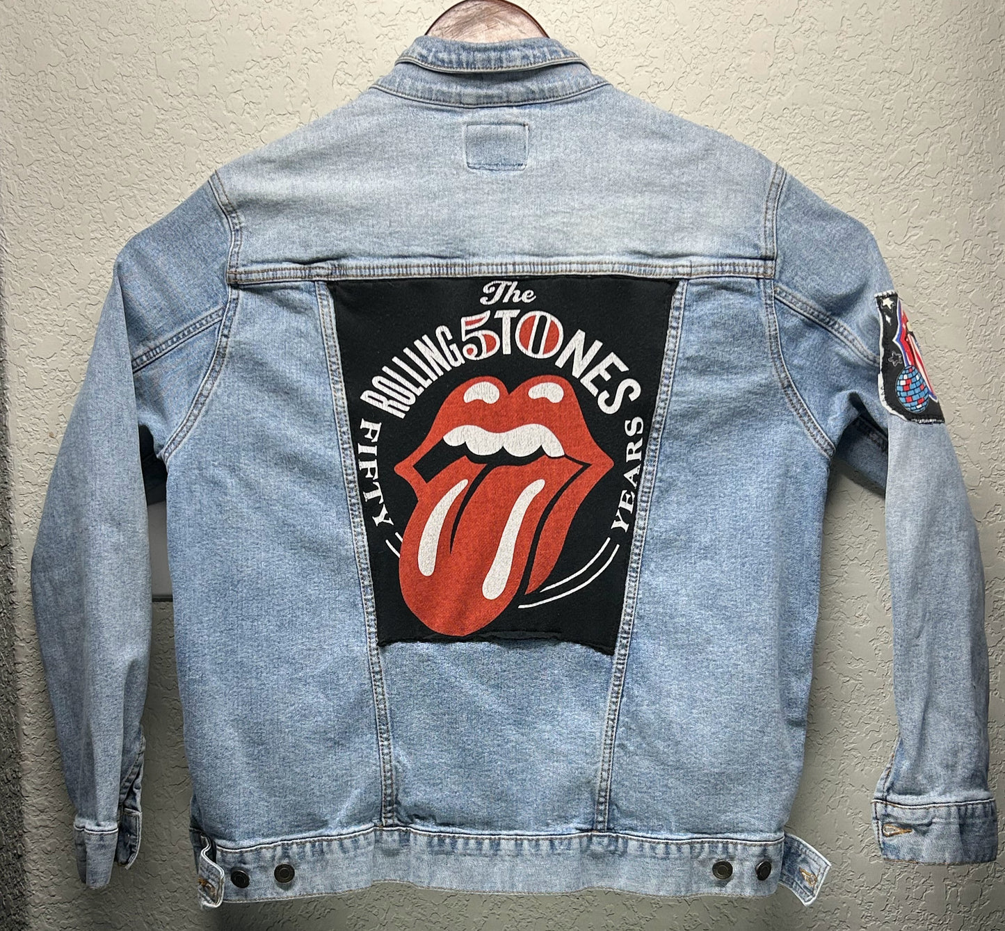 Upcycled/Reworked Jean Jacket / Patches - Rock n Roll & Rolling Stones Distressed Denim
