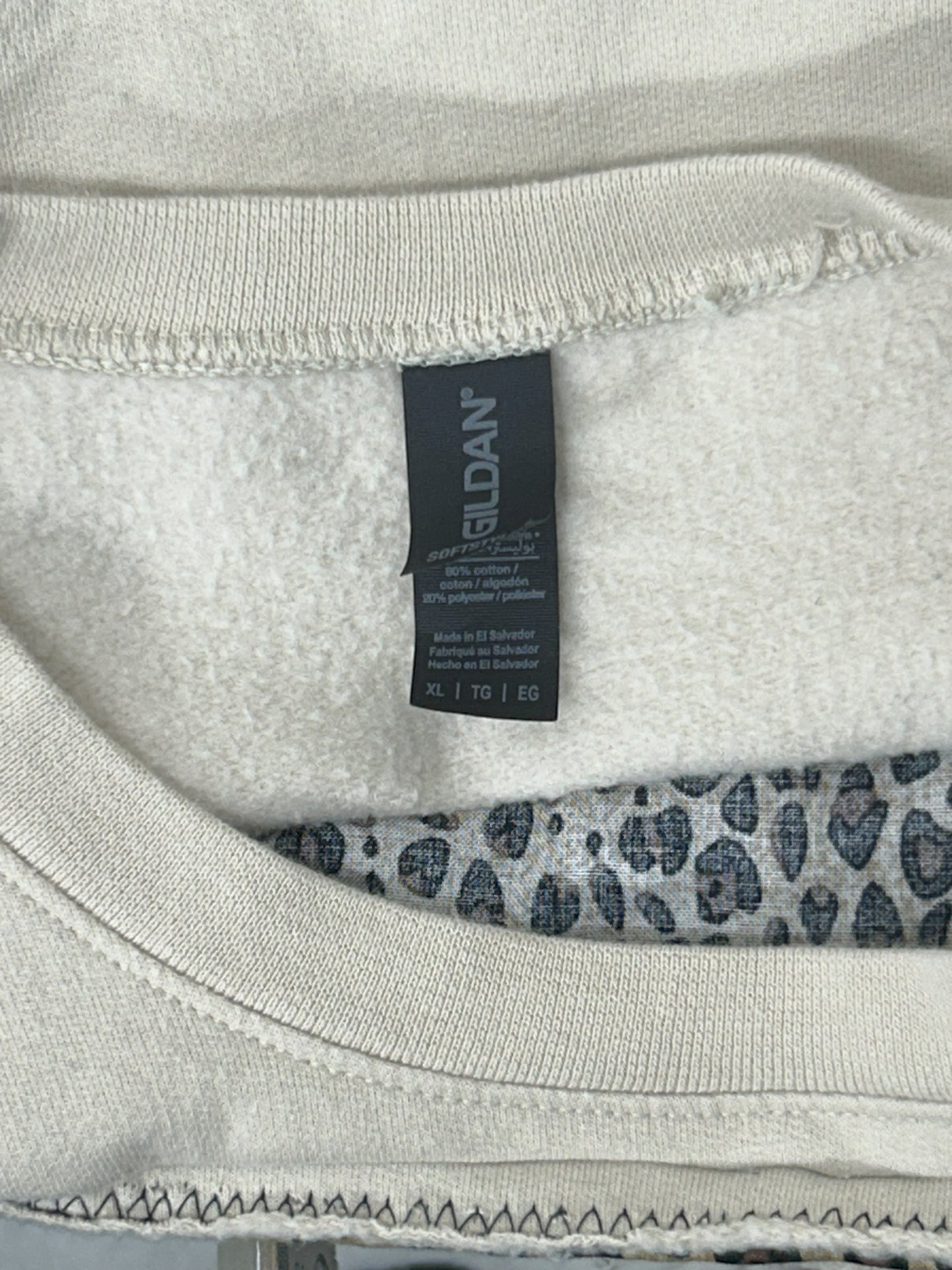 Upcycled/Reworked Cream & Tan Cropped Sweatshirt with Leopard Print Sleeves & Pink Logo – W - XL