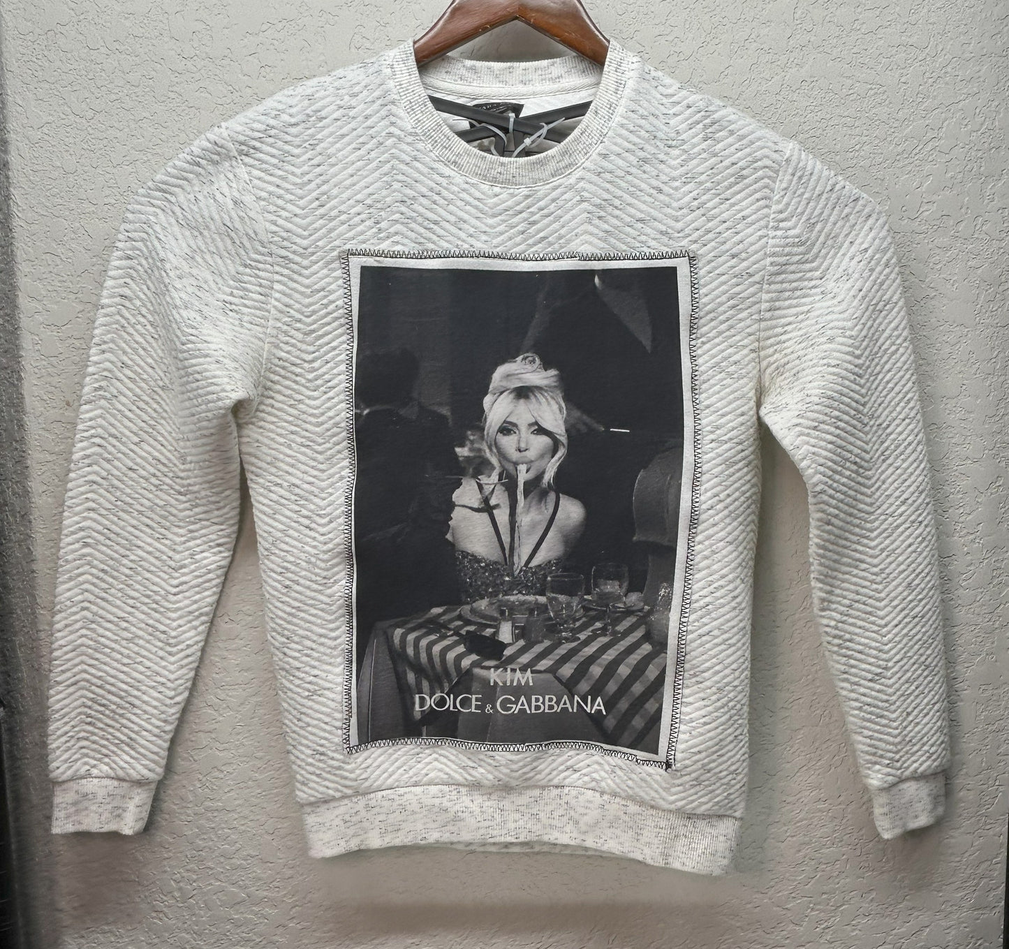 Upcycled / Reworked Zara White Crew Neck Sweater with Kim Dolce & Gabbana Graphic