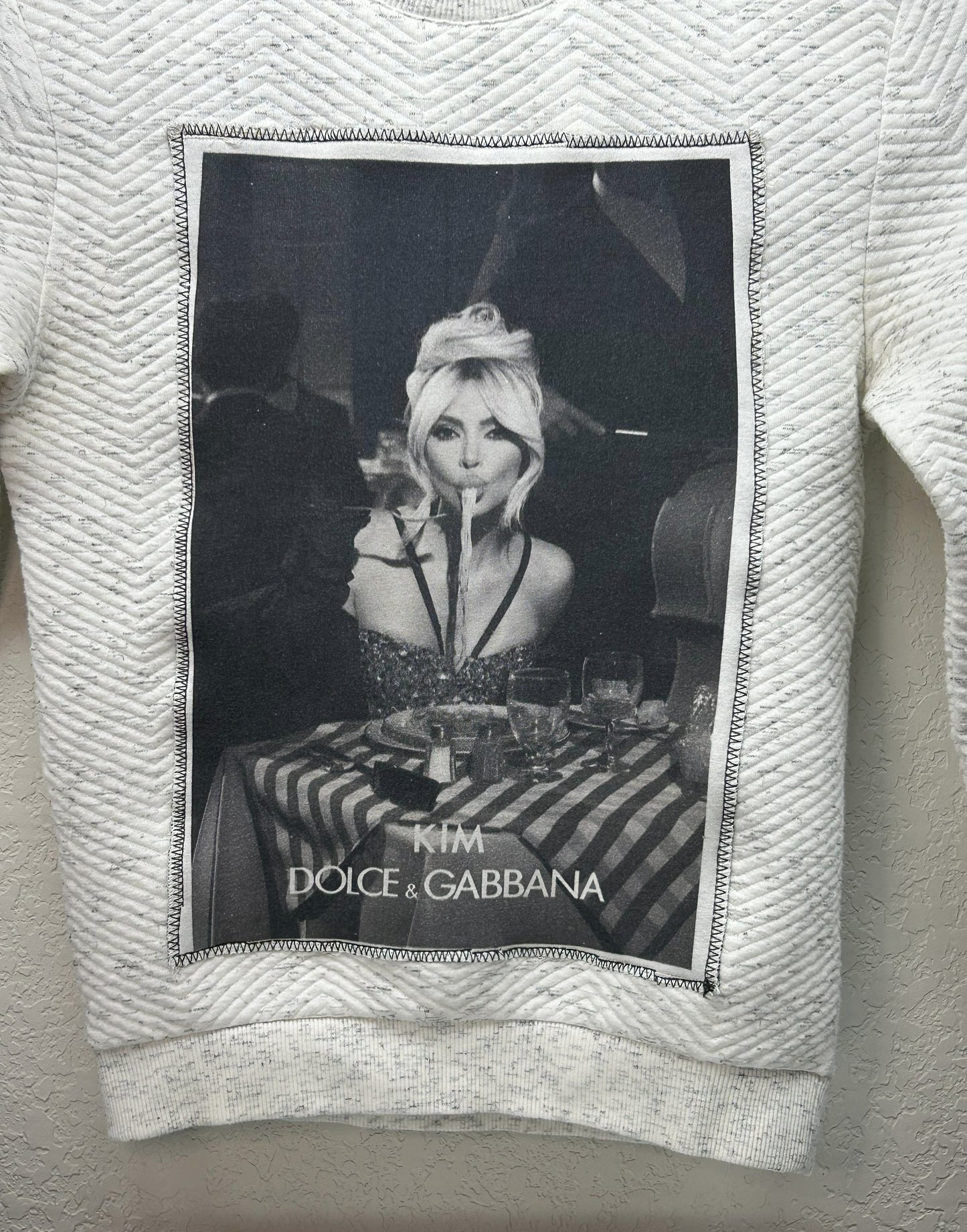 Upcycled / Reworked Zara White Crew Neck Sweater with Kim Dolce & Gabbana Graphic