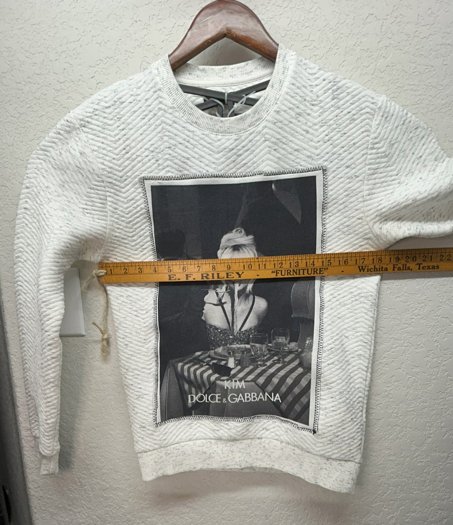 Upcycled / Reworked Zara White Crew Neck Sweater with Kim Dolce & Gabbana Graphic