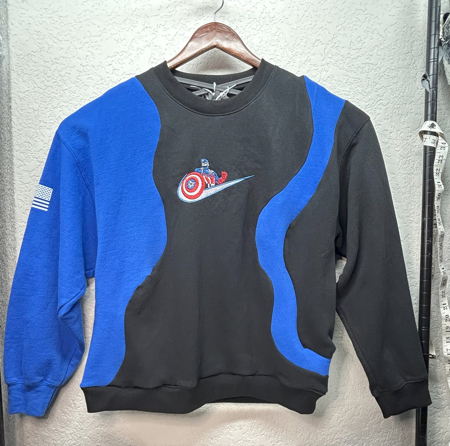 Upcycled / Reworked XL Blue and Black Crewneck Sweatshirt with Superhero-Inspire