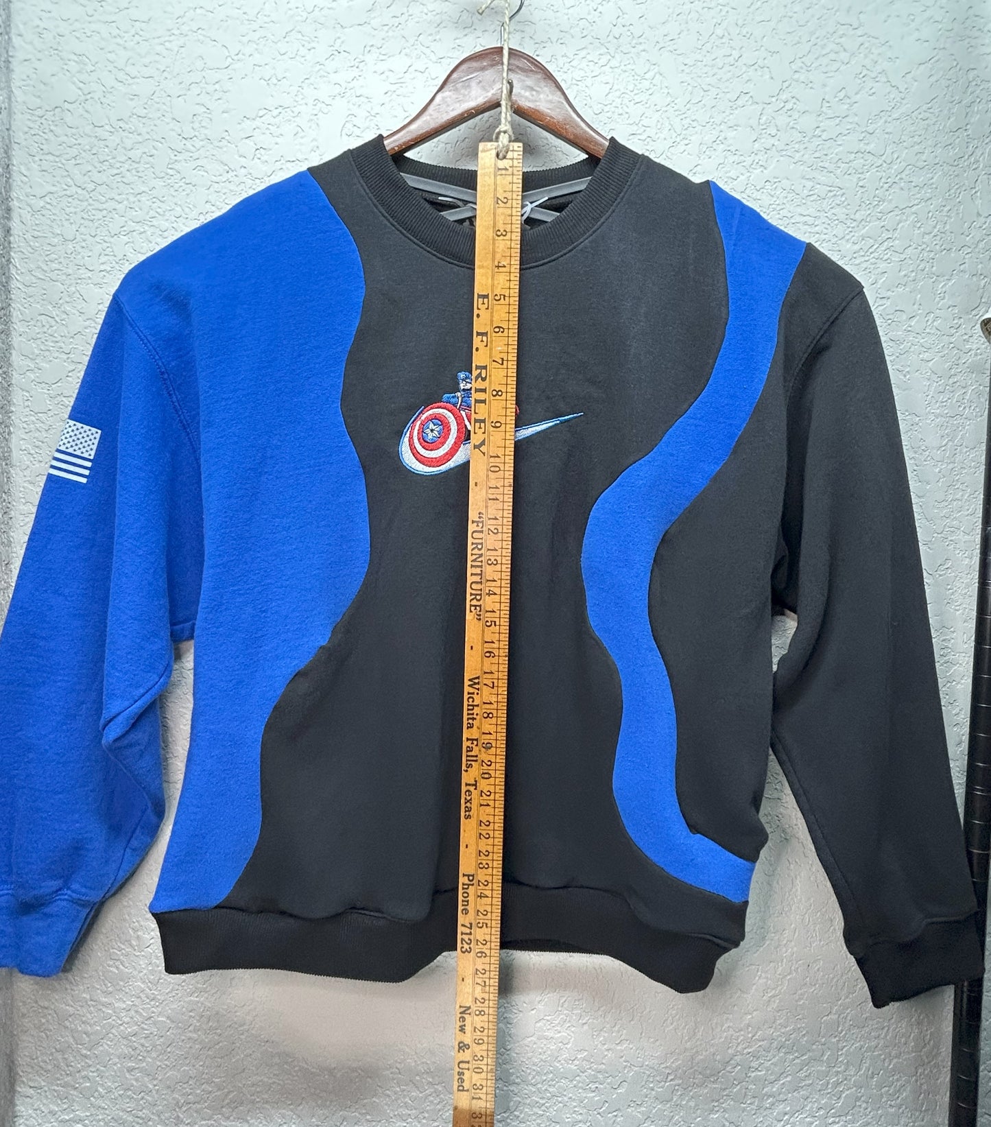 Upcycled / Reworked XL Blue and Black Crewneck Sweatshirt with Superhero-Inspire