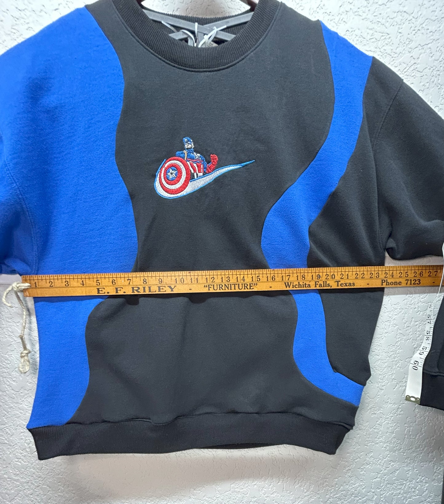 Upcycled / Reworked XL Blue and Black Crewneck Sweatshirt with Superhero-Inspire