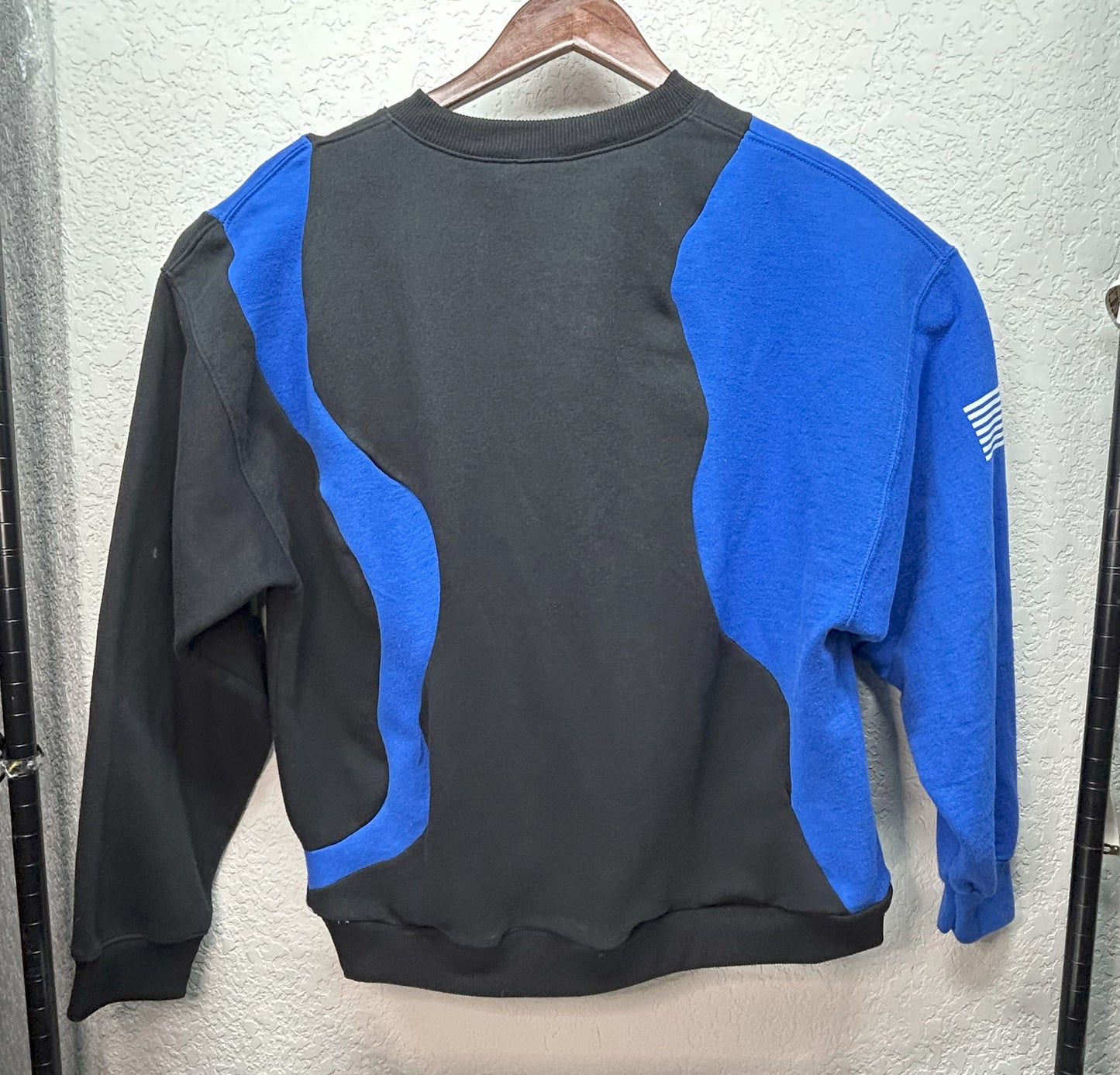 Upcycled / Reworked XL Blue and Black Crewneck Sweatshirt with Superhero-Inspire