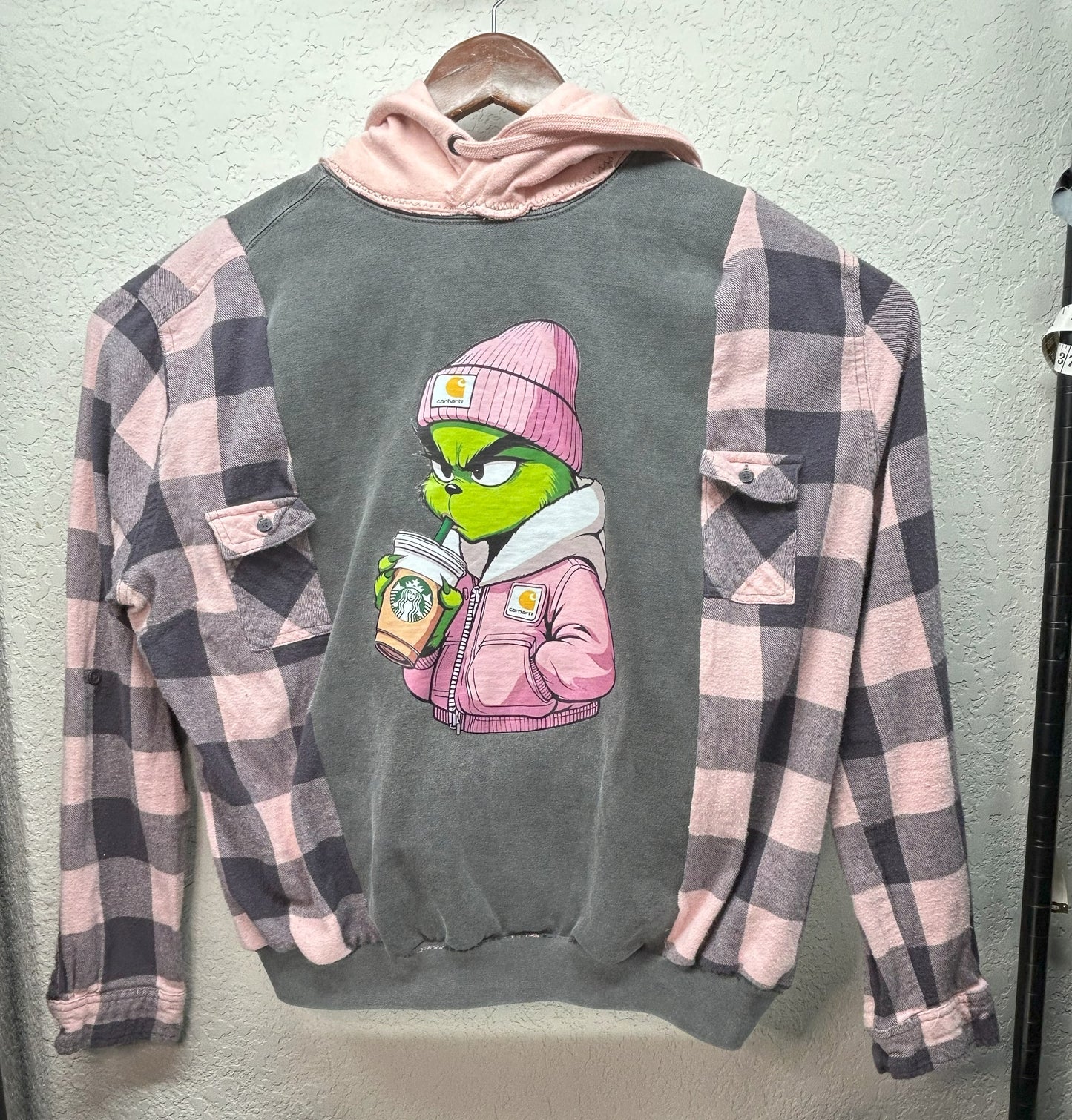 Upcycled/Reworked gray sweatshirt, combining soft pink and gray flannel & hood M-LG