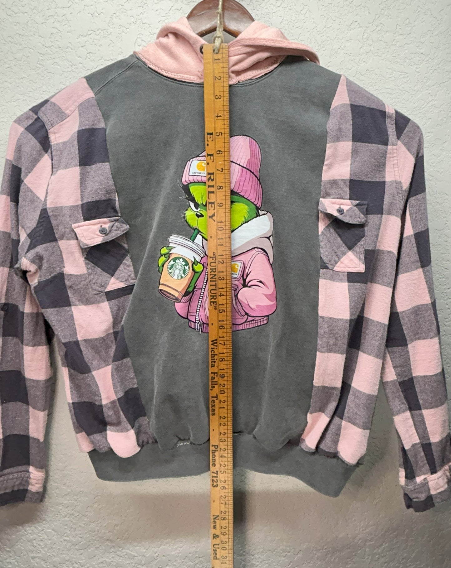 Upcycled/Reworked gray sweatshirt, combining soft pink and gray flannel & hood M-LG