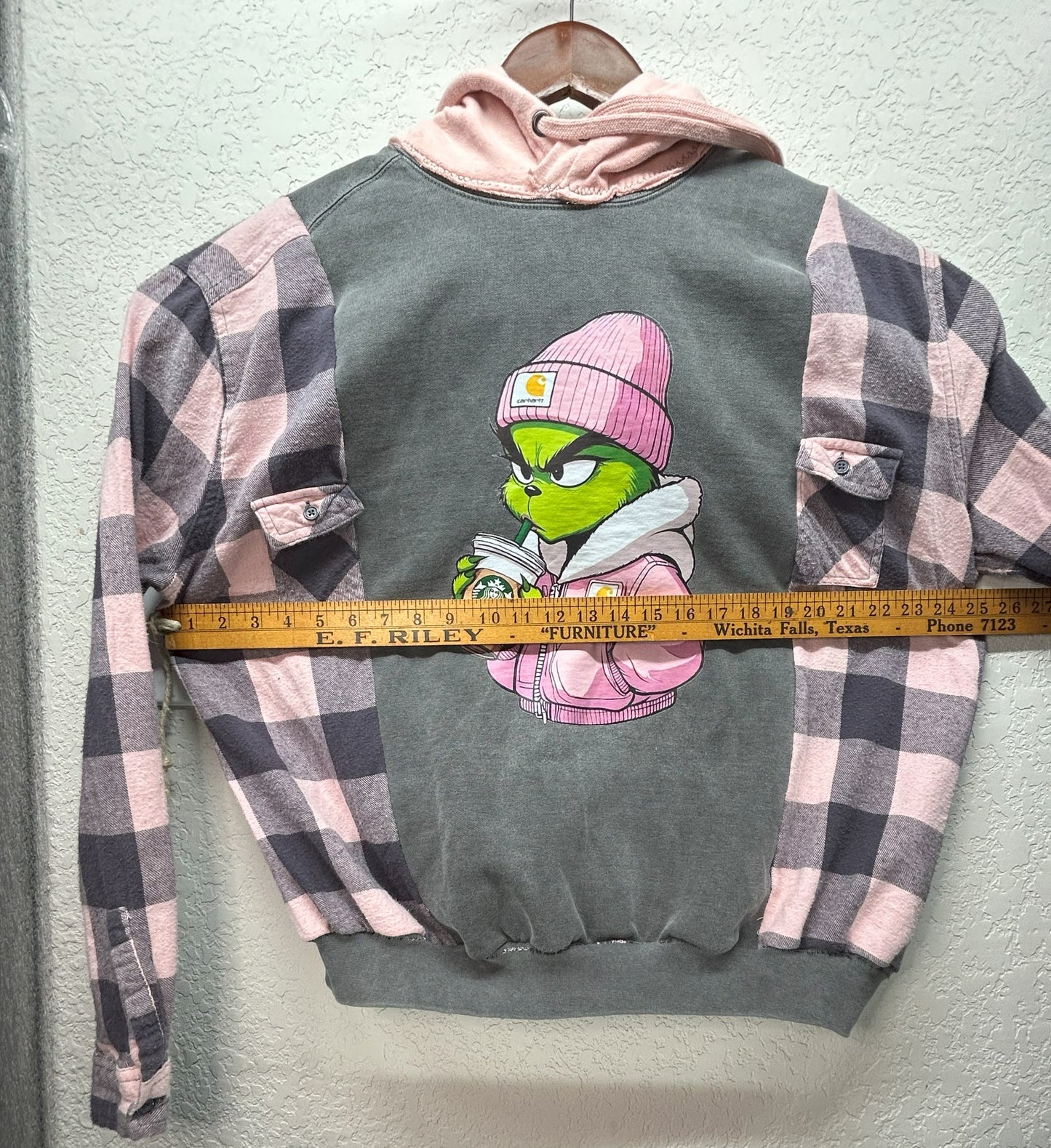 Upcycled/Reworked gray sweatshirt, combining soft pink and gray flannel & hood M-LG