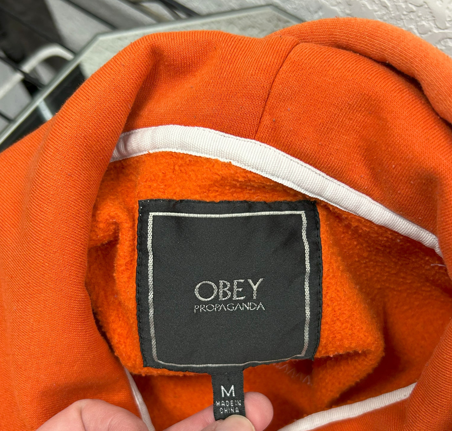Upcycled / Reworked (M) Orange Obey Hoodie with Homemade Harley patch - Unisex