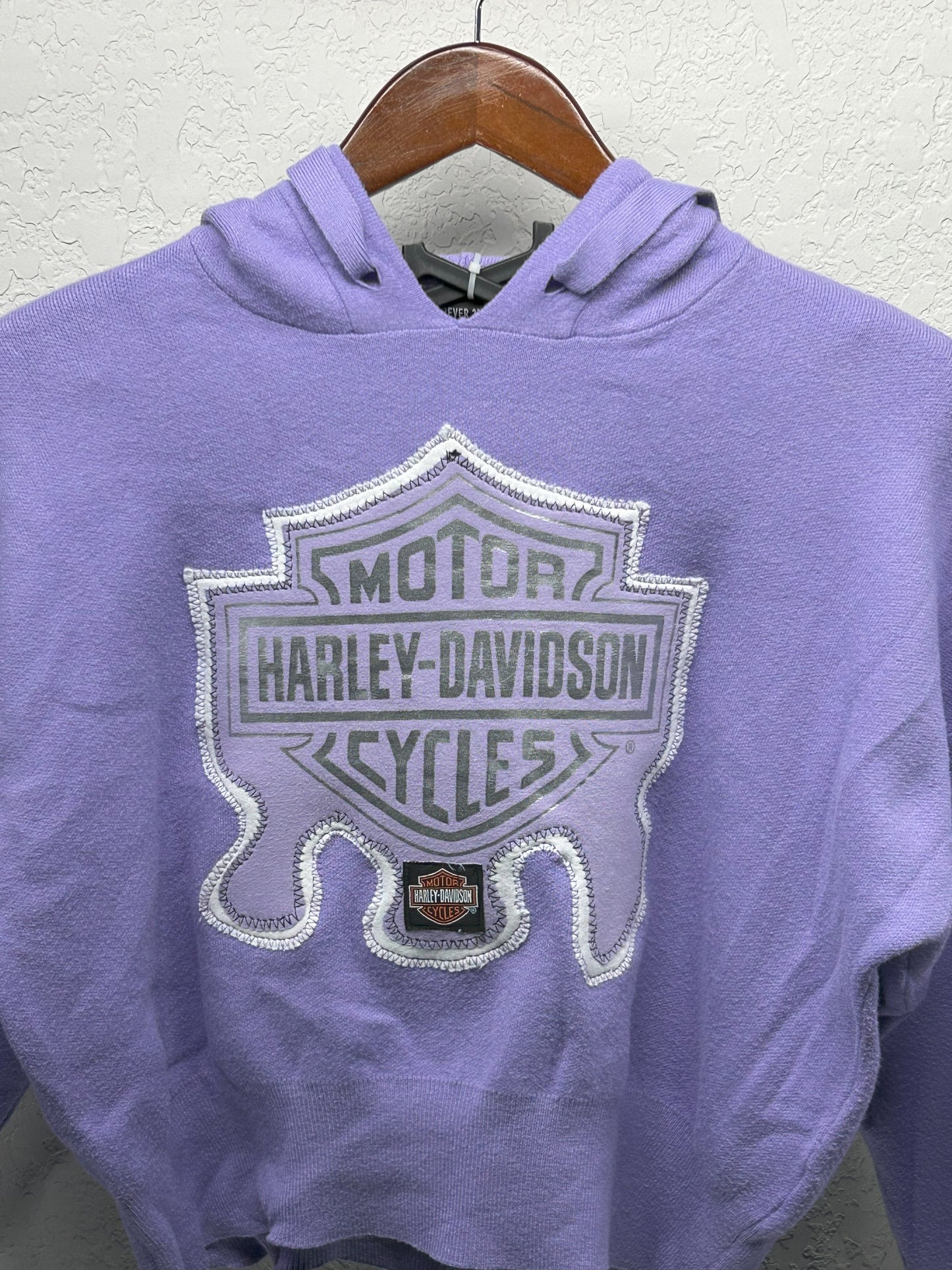 Upcycled/Reworked Crop Top Sweatshirt with Handmade Harley Patch on Lavender Hoodie