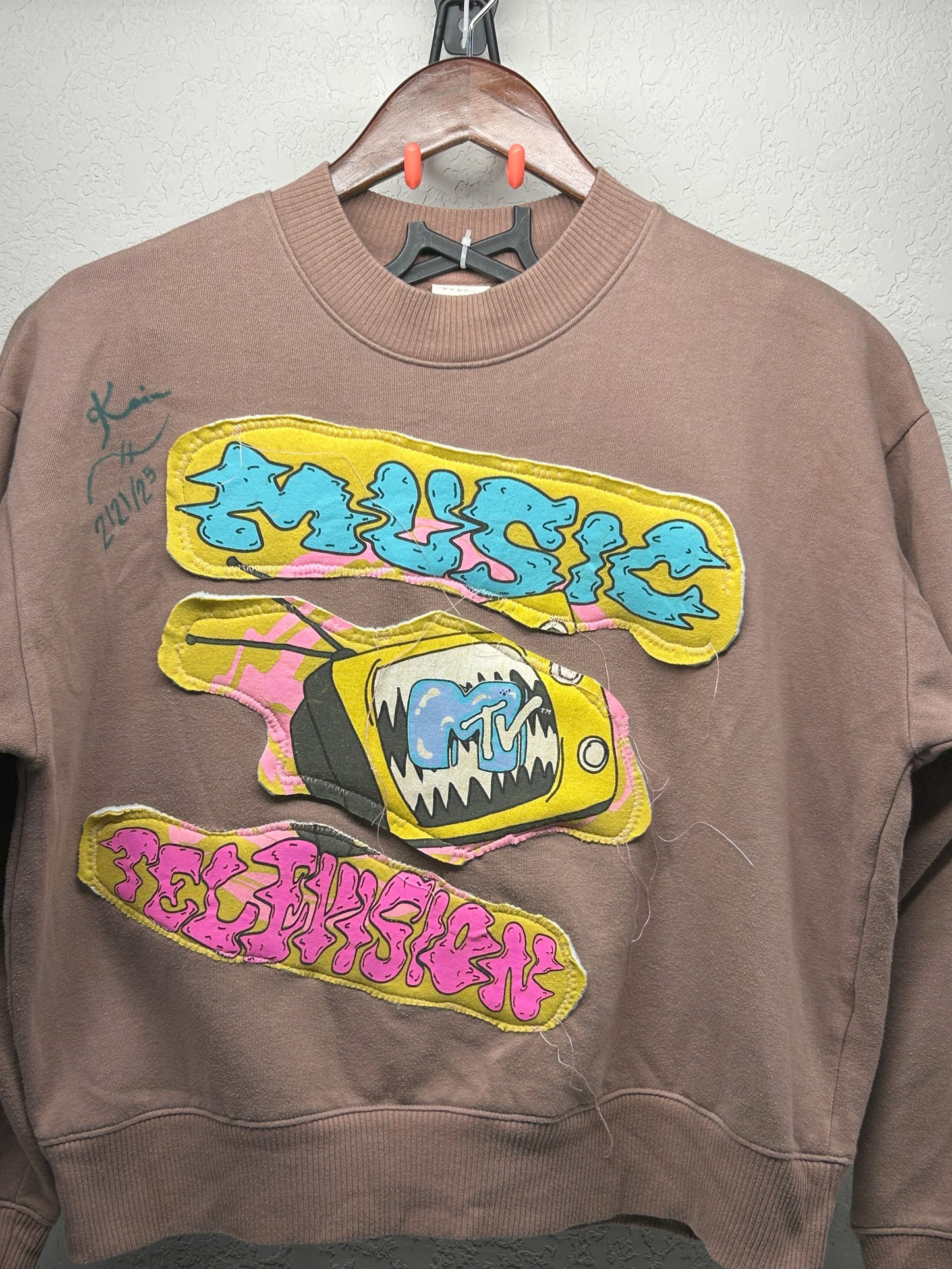 Upcycled / Reworked Tan Sweatshirt with Homemade patches Woman's L