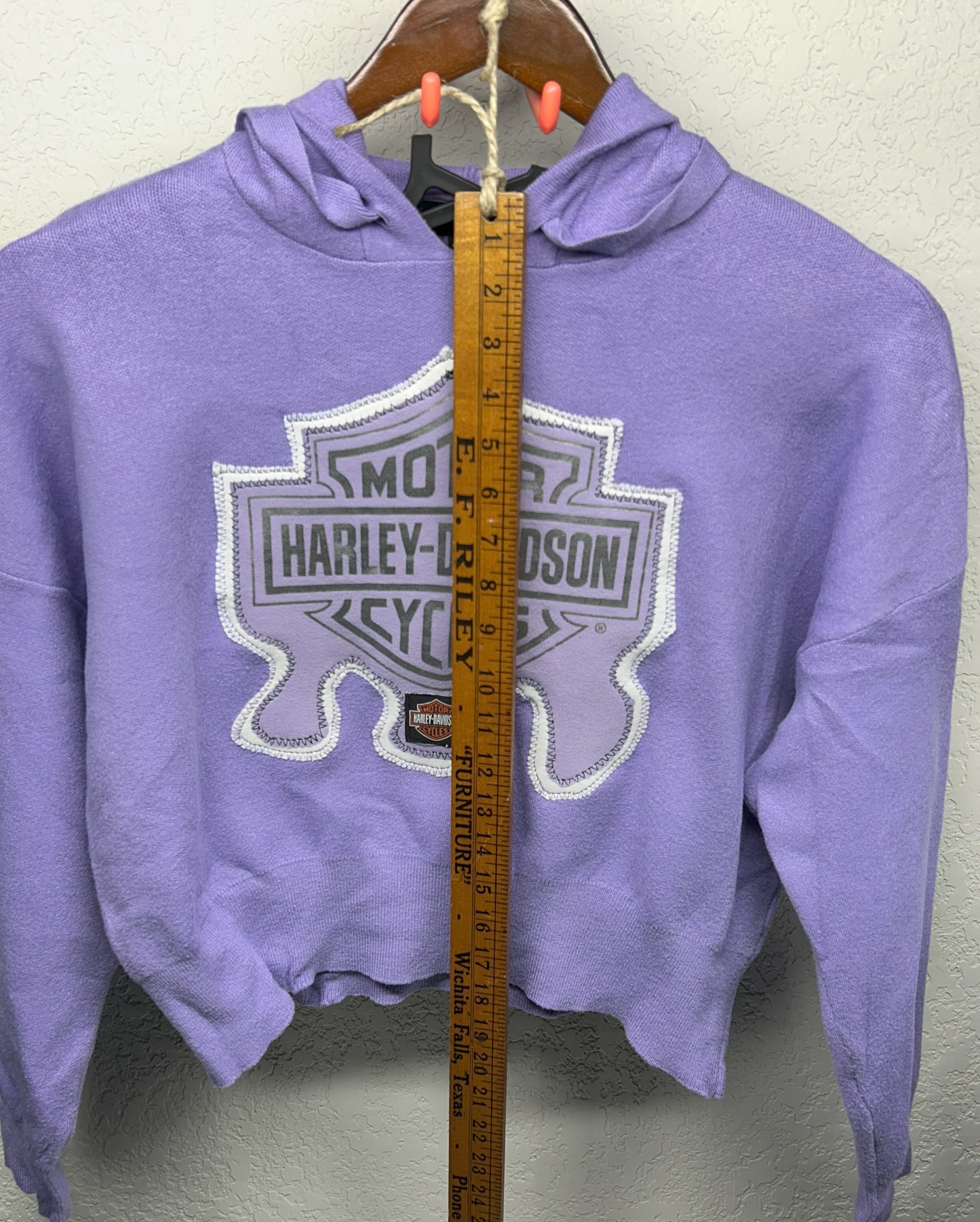 Upcycled/Reworked Crop Top Sweatshirt with Handmade Harley Patch on Lavender Hoodie
