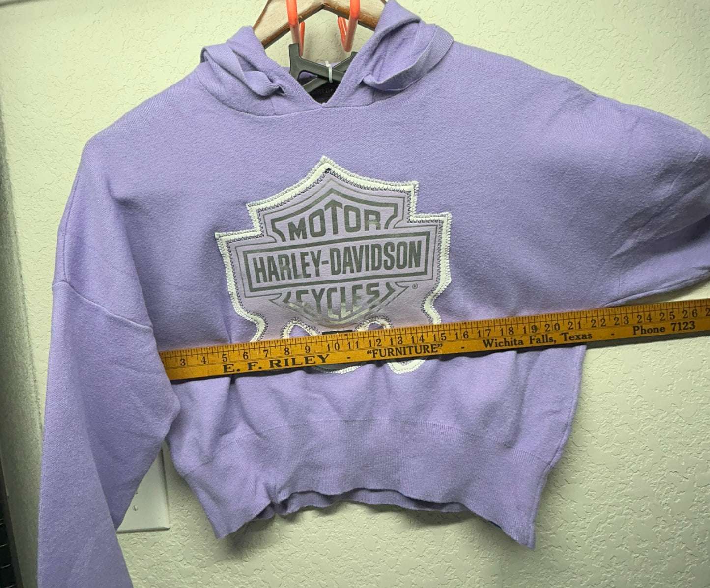 Upcycled/Reworked Crop Top Sweatshirt with Handmade Harley Patch on Lavender Hoodie