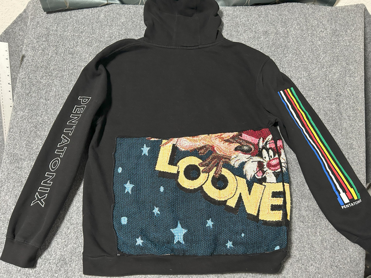 Looney Tunes from a Vintage Woven Tapestry Upcycled on a XL Hoodie