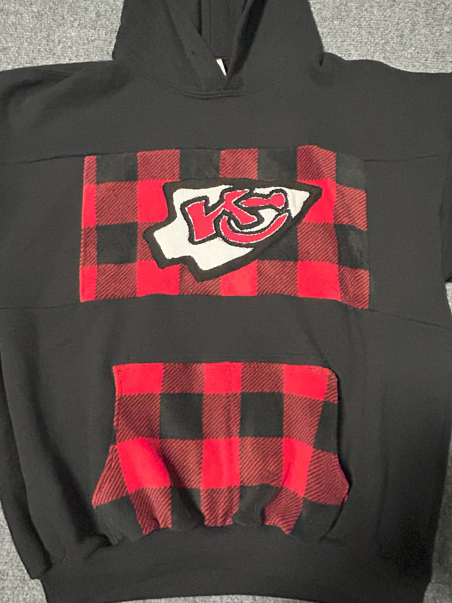 One-of-a-Kind Upcycled Handmade KC Black Hoodie with Black/Red Plaid Pocket and Center Piece - Size L