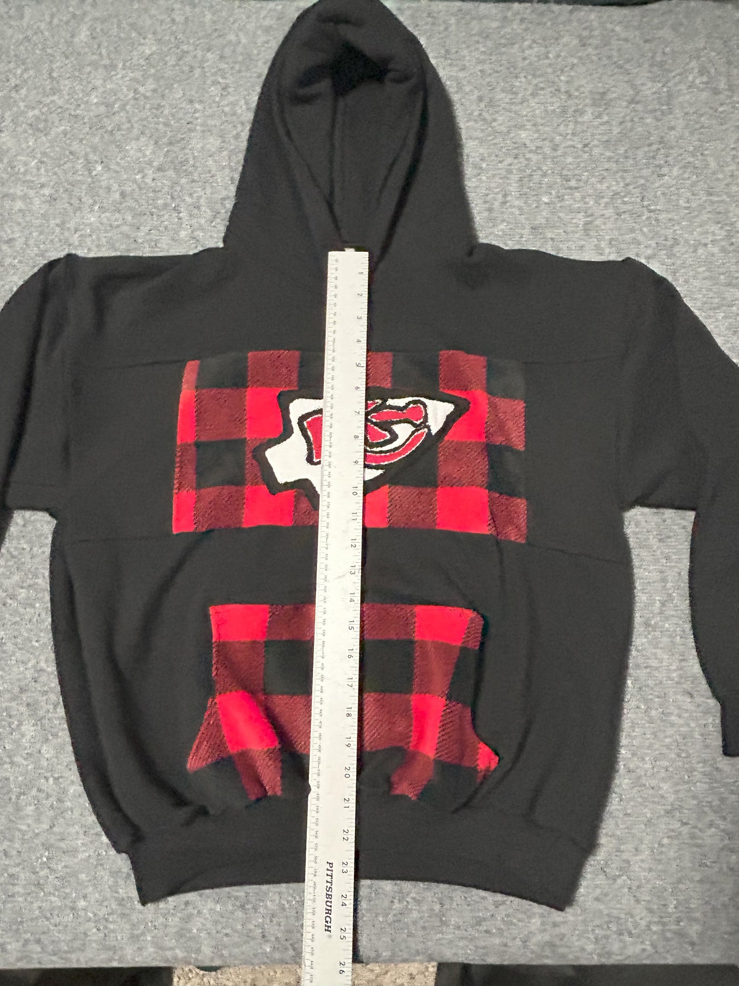 One-of-a-Kind Upcycled Handmade KC Black Hoodie with Black/Red Plaid Pocket and Center Piece - Size L