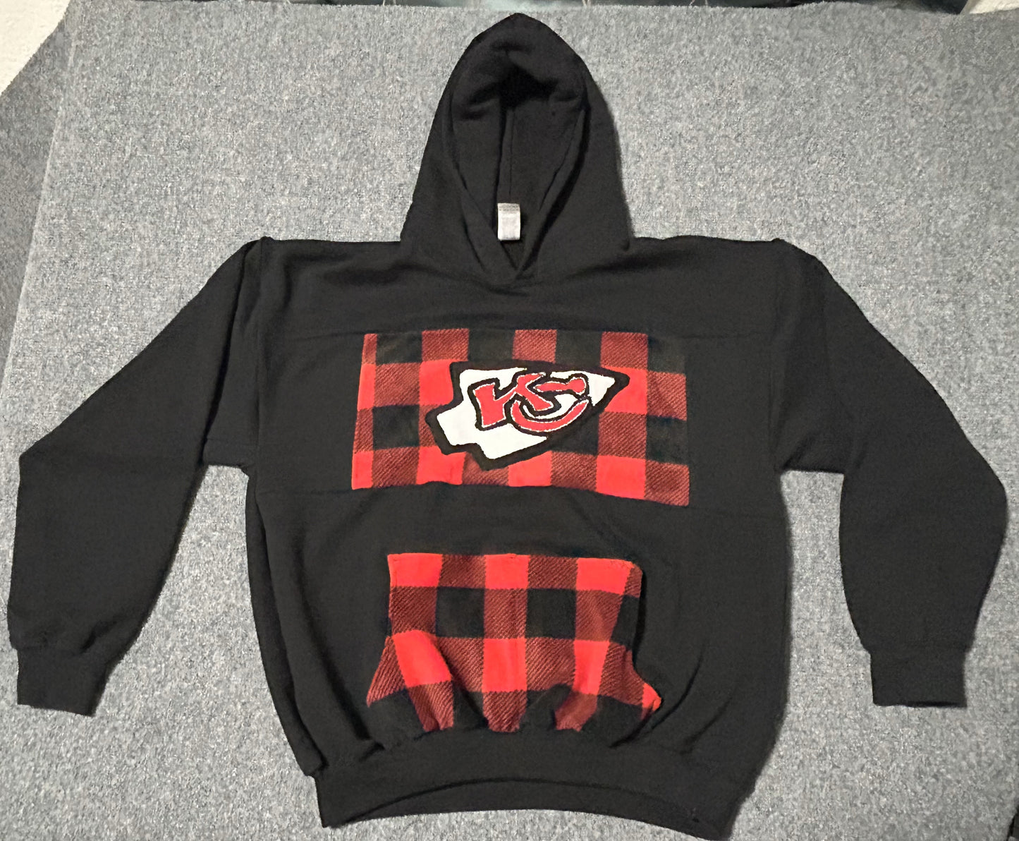One-of-a-Kind Upcycled Handmade KC Black Hoodie with Black/Red Plaid Pocket and Center Piece - Size L
