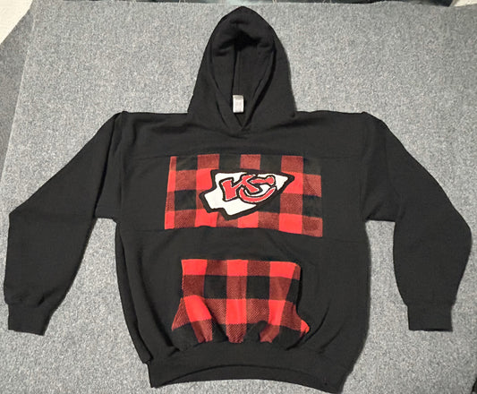 One-of-a-Kind Upcycled Handmade KC Black Hoodie with Black/Red Plaid Pocket and Center Piece - Size L