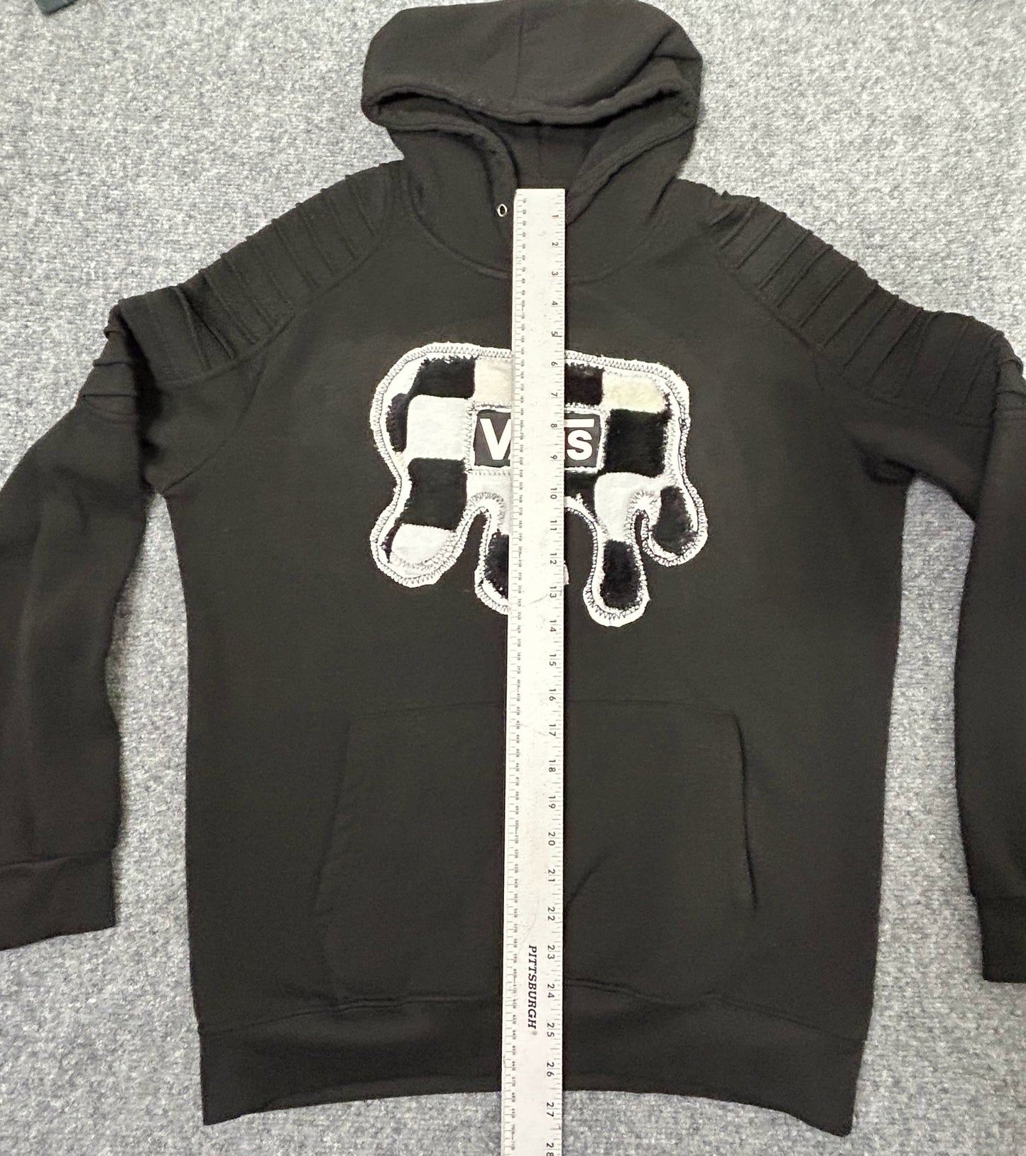 Handmade Checkered Patch on Reworked Vans Women's L Black Ribbed Sleeves