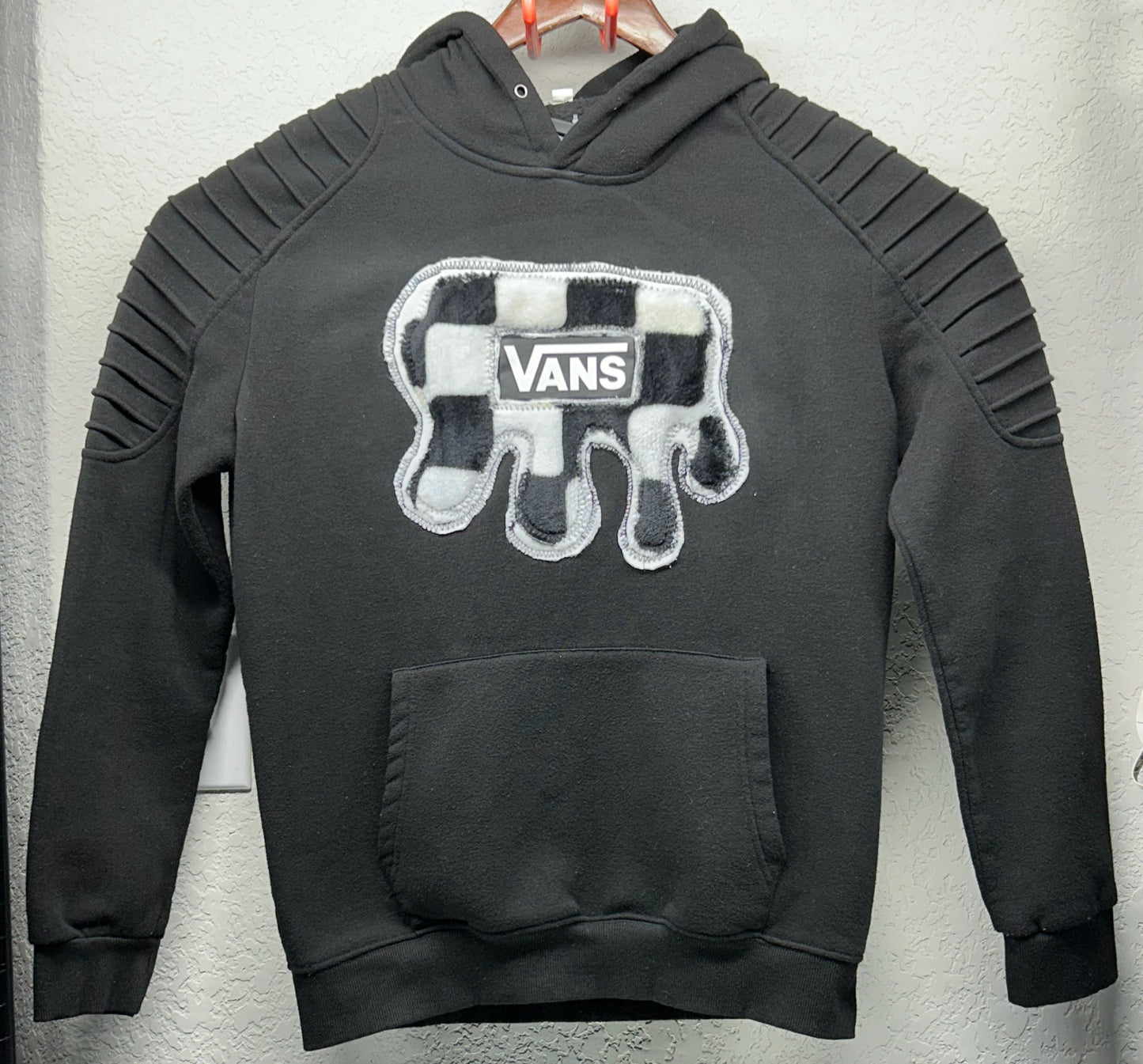 Handmade Checkered Patch on Reworked Vans Women's L Black Ribbed Sleeves