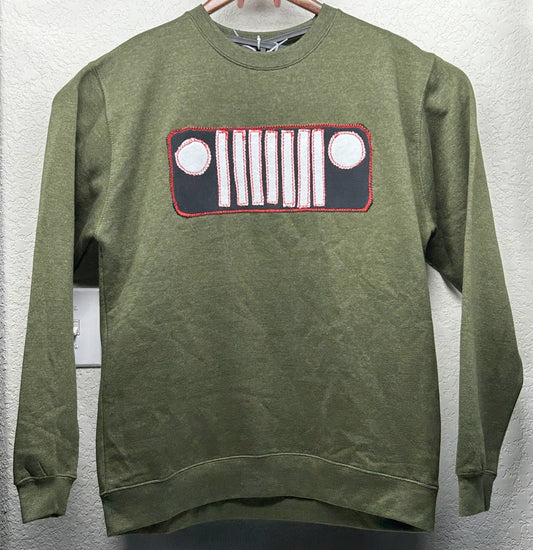 Upcycled/Reworked Dark Green Sweatshirt with Handmade Jeep Grille Patch – Mens Large