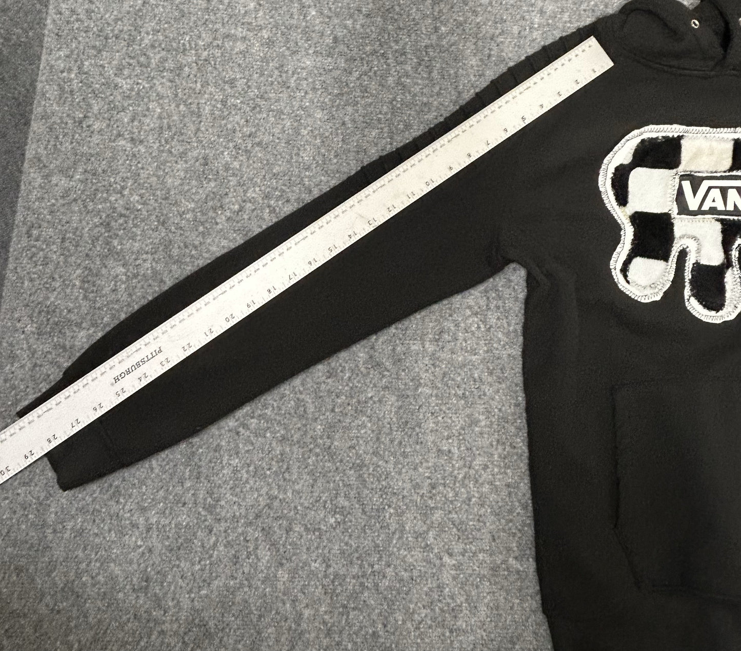 Handmade Checkered Patch on Reworked Vans Women's L Black Ribbed Sleeves