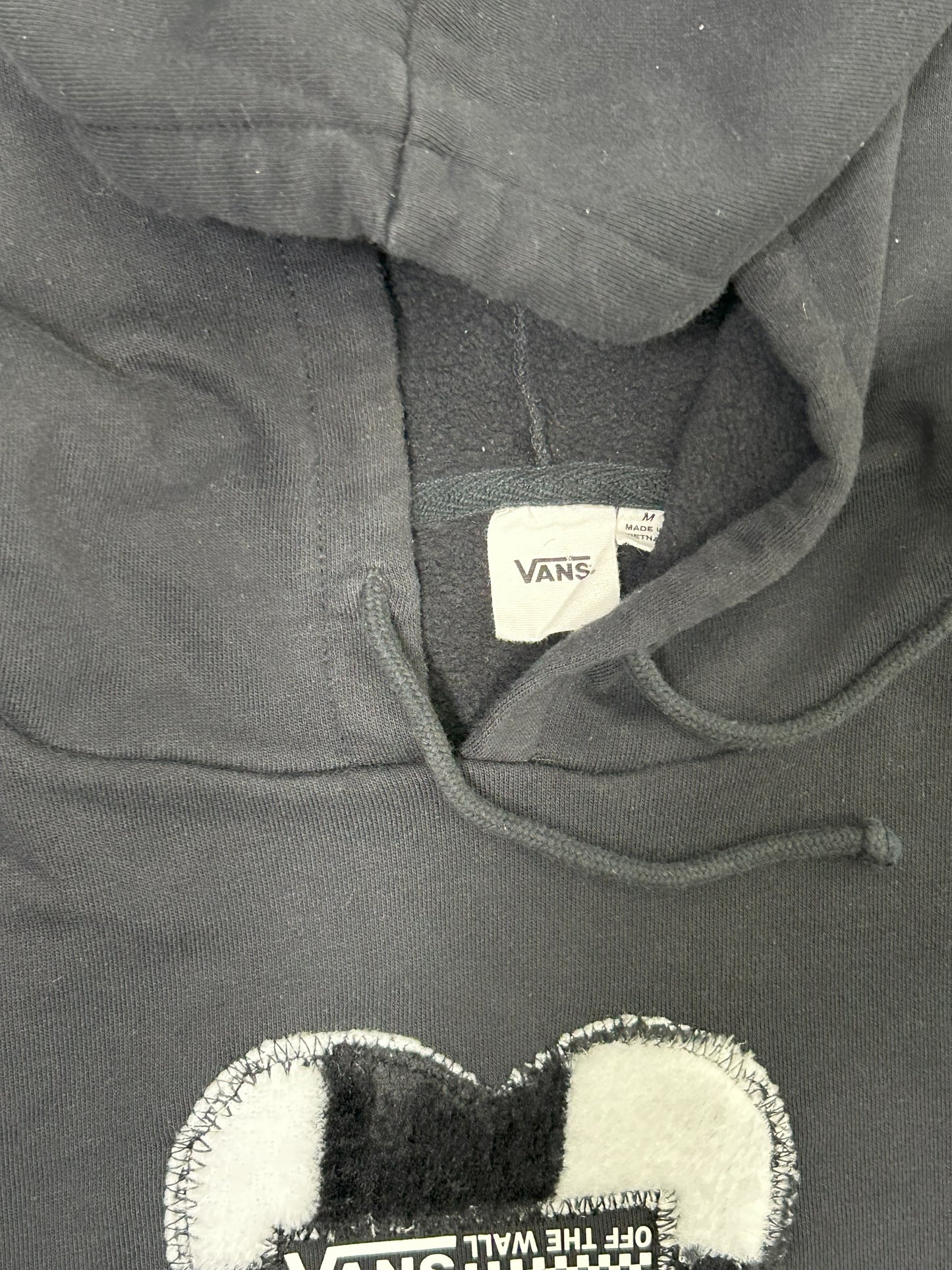 Handmade Checkered Patch on Reworked Vans Women's L Black Ribbed Sleeves