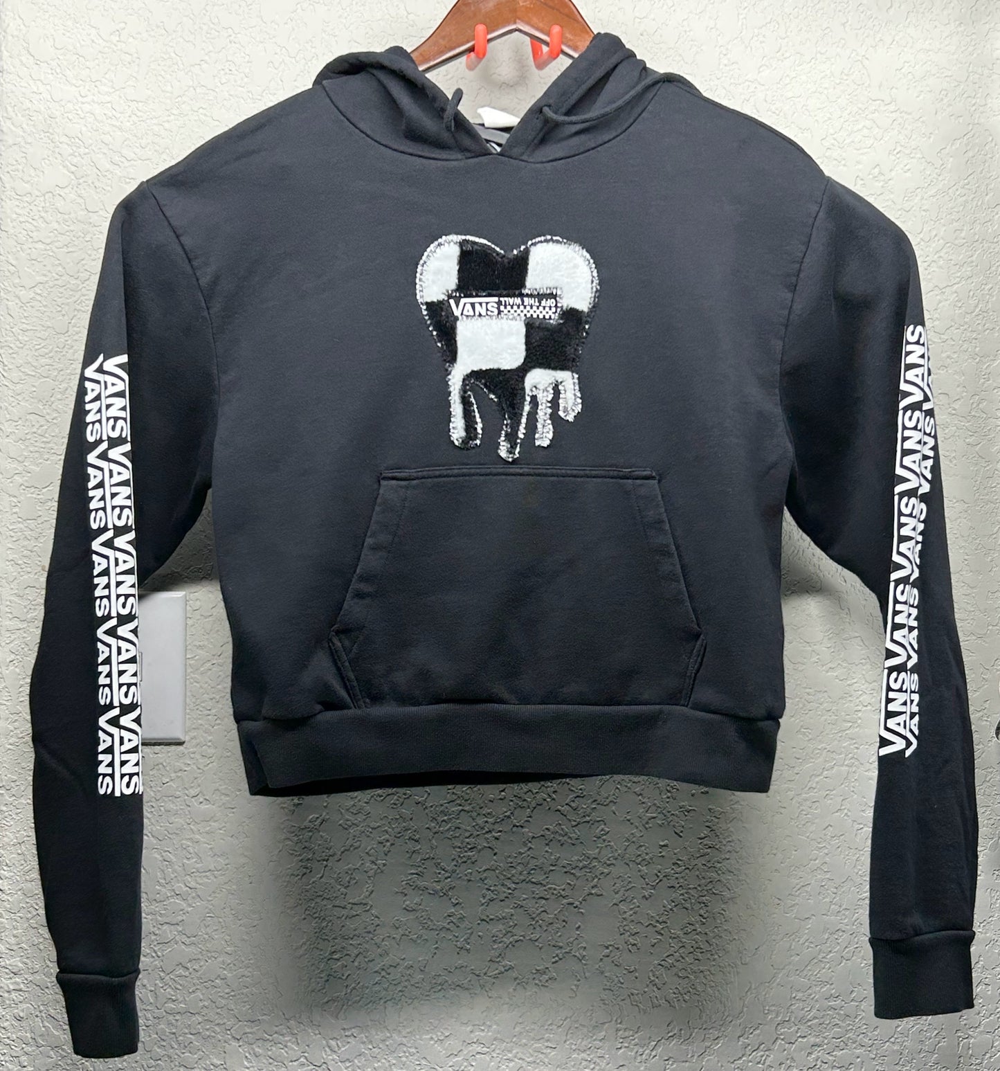 Handmade Checkered Patch on Reworked Vans Women's L Black Ribbed Sleeves