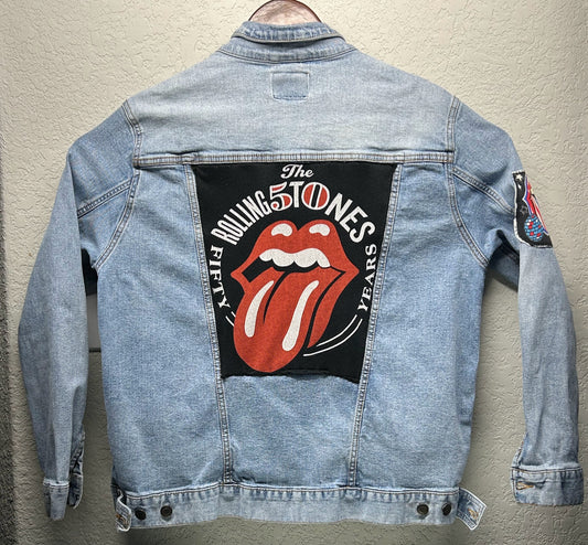 Upcycled/Reworked Jean Jacket / Patches - Rock n Roll & Rolling Stones Distressed Denim