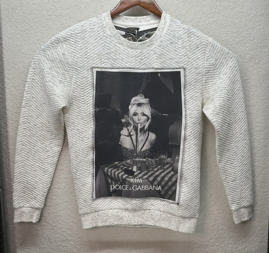 Upcycled / Reworked Zara White Crew Neck Sweater with Kim Dolce & Gabbana Graphic