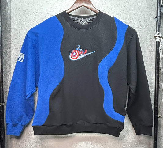 Upcycled / Reworked XL Blue and Black Crewneck Sweatshirt with Superhero-Inspire