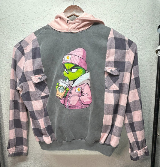 Upcycled/Reworked gray sweatshirt, combining soft pink and gray flannel & hood M-LG