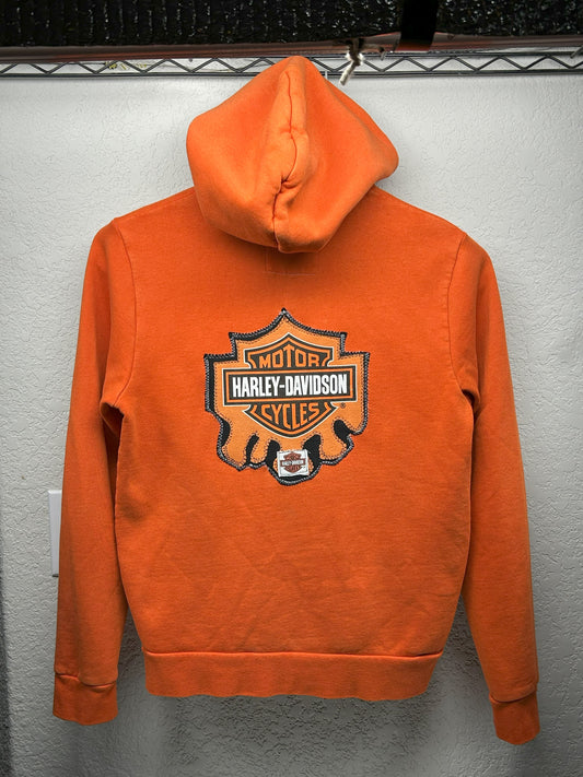 Upcycled / Reworked (M) Orange Obey Hoodie with Homemade Harley patch - Unisex