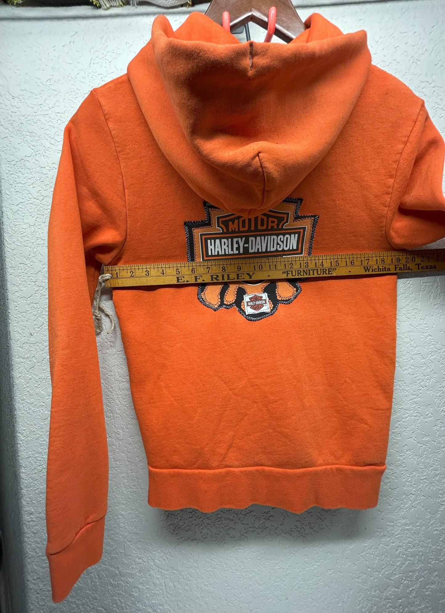Upcycled / Reworked (M) Orange Obey Hoodie with Homemade Harley patch - Unisex