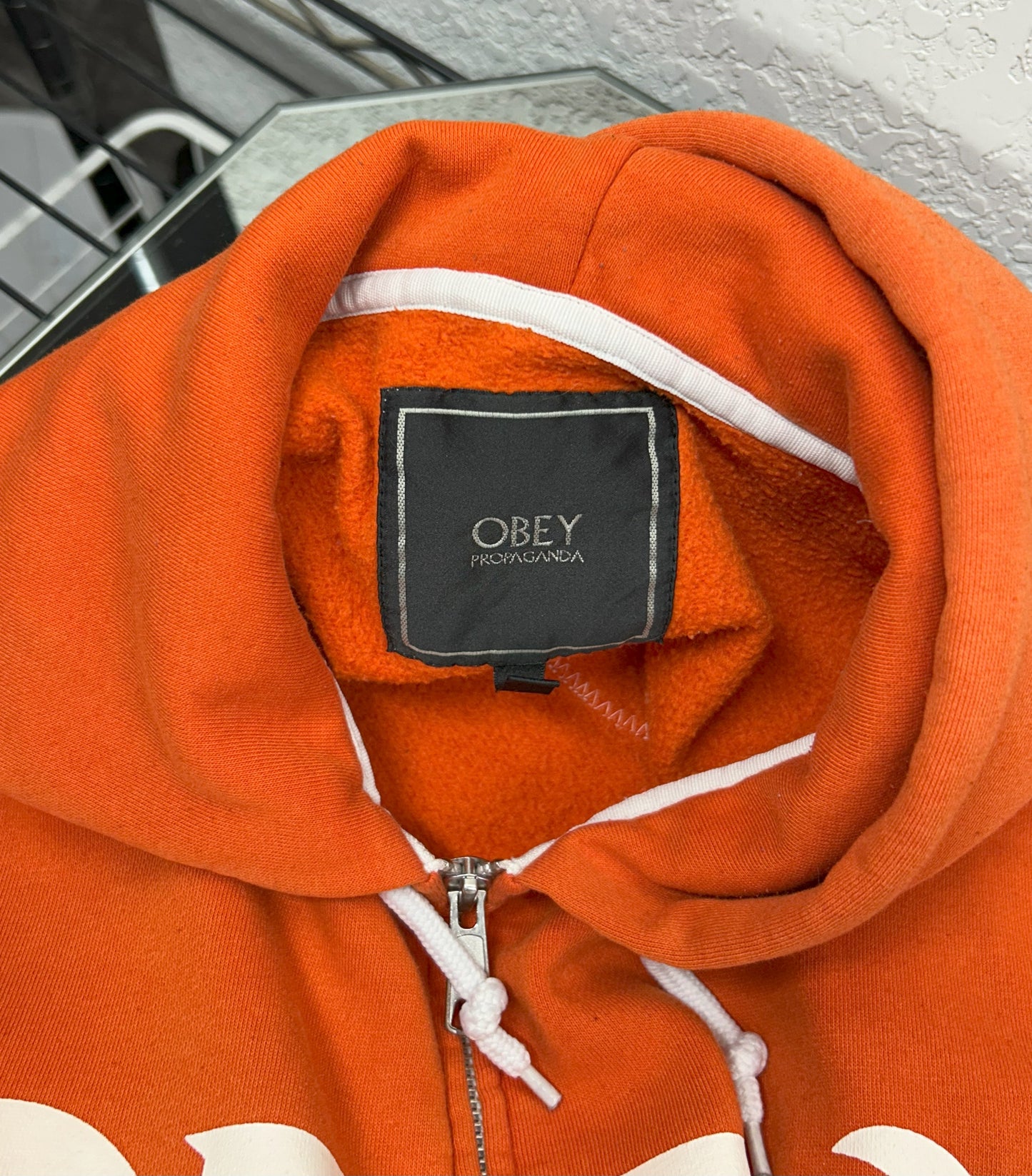 Upcycled / Reworked (M) Orange Obey Hoodie with Homemade Harley patch - Unisex