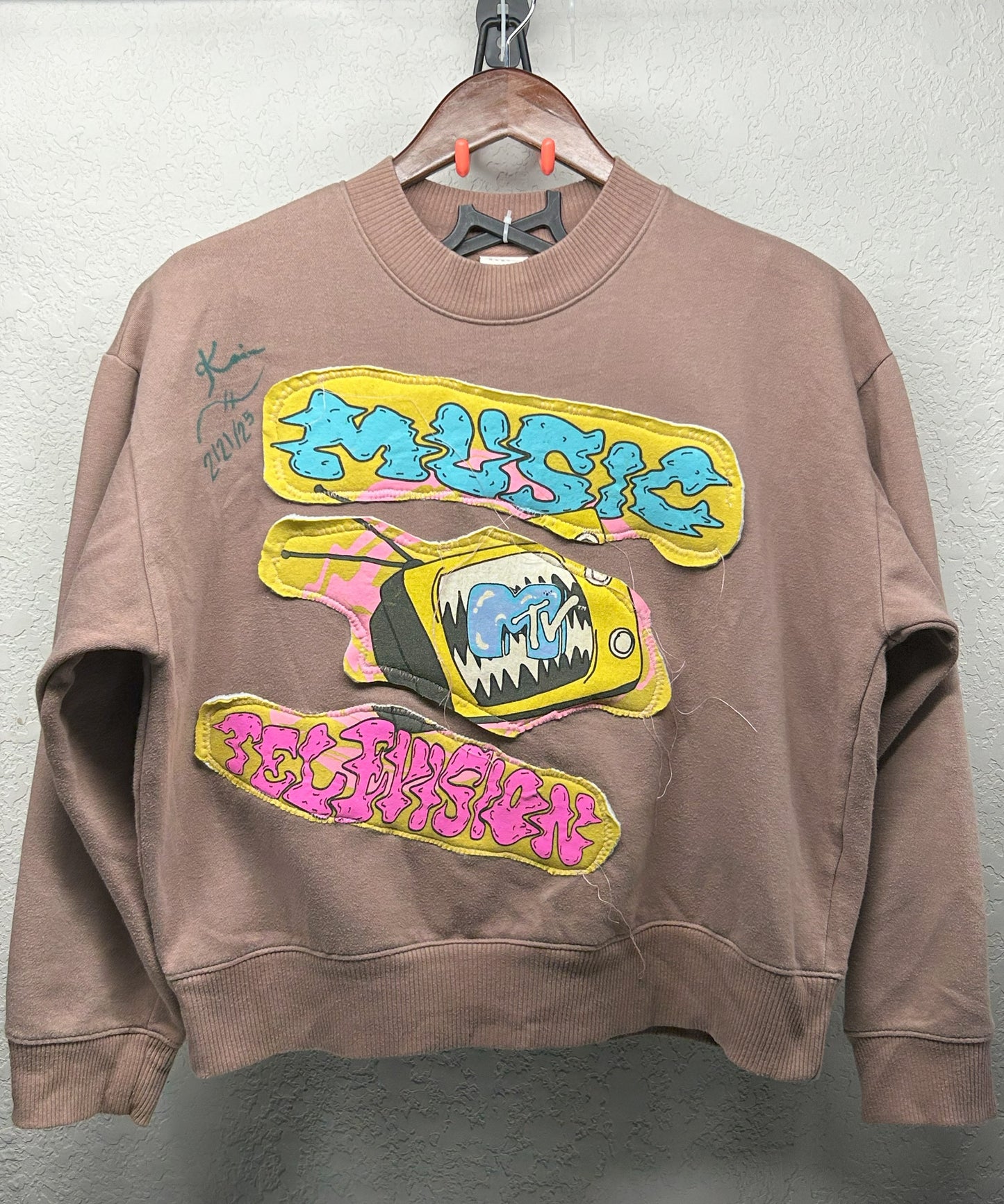 Upcycled / Reworked Tan Sweatshirt with Homemade patches Woman's L