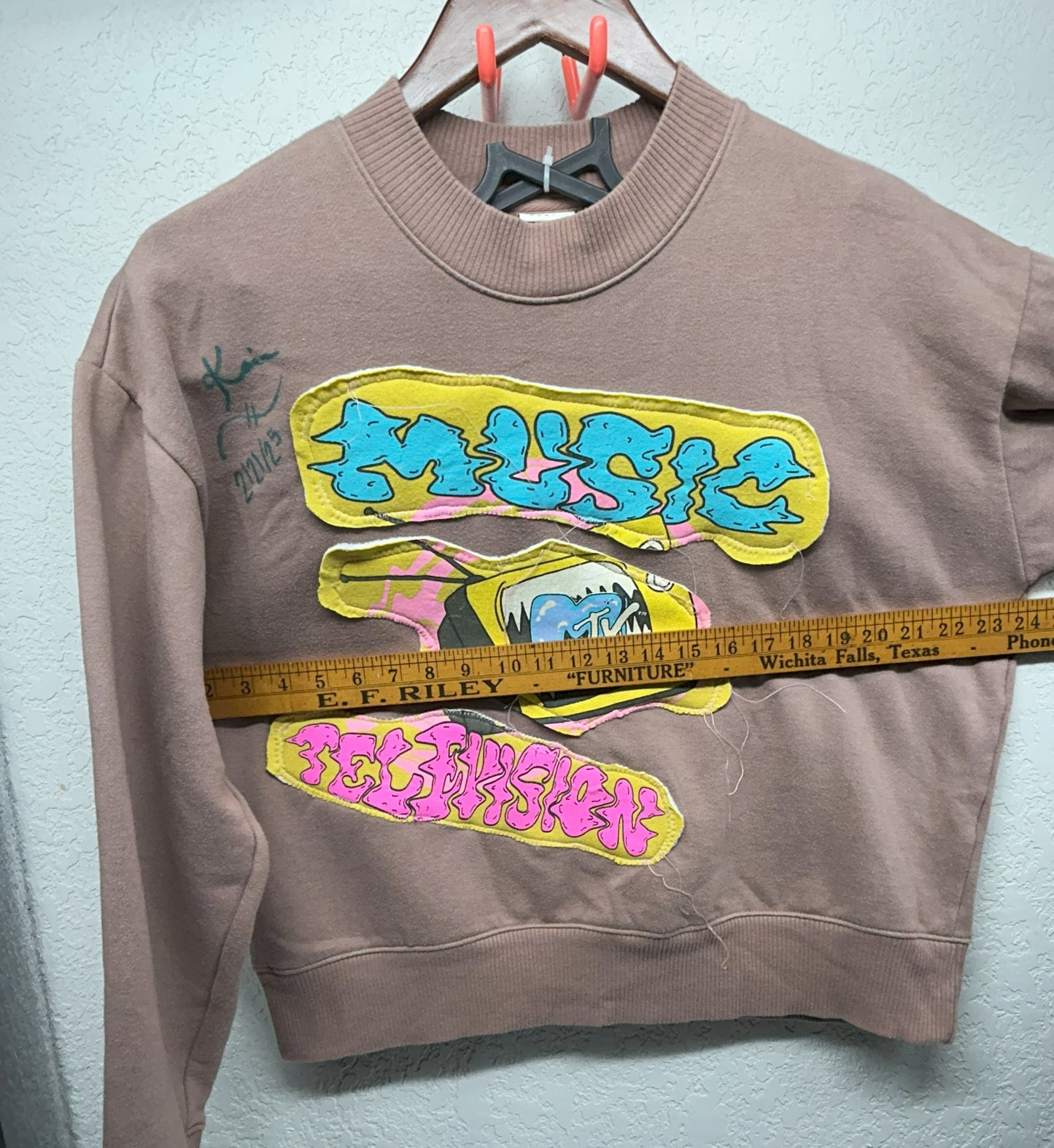 Upcycled / Reworked Tan Sweatshirt with Homemade patches Woman's L