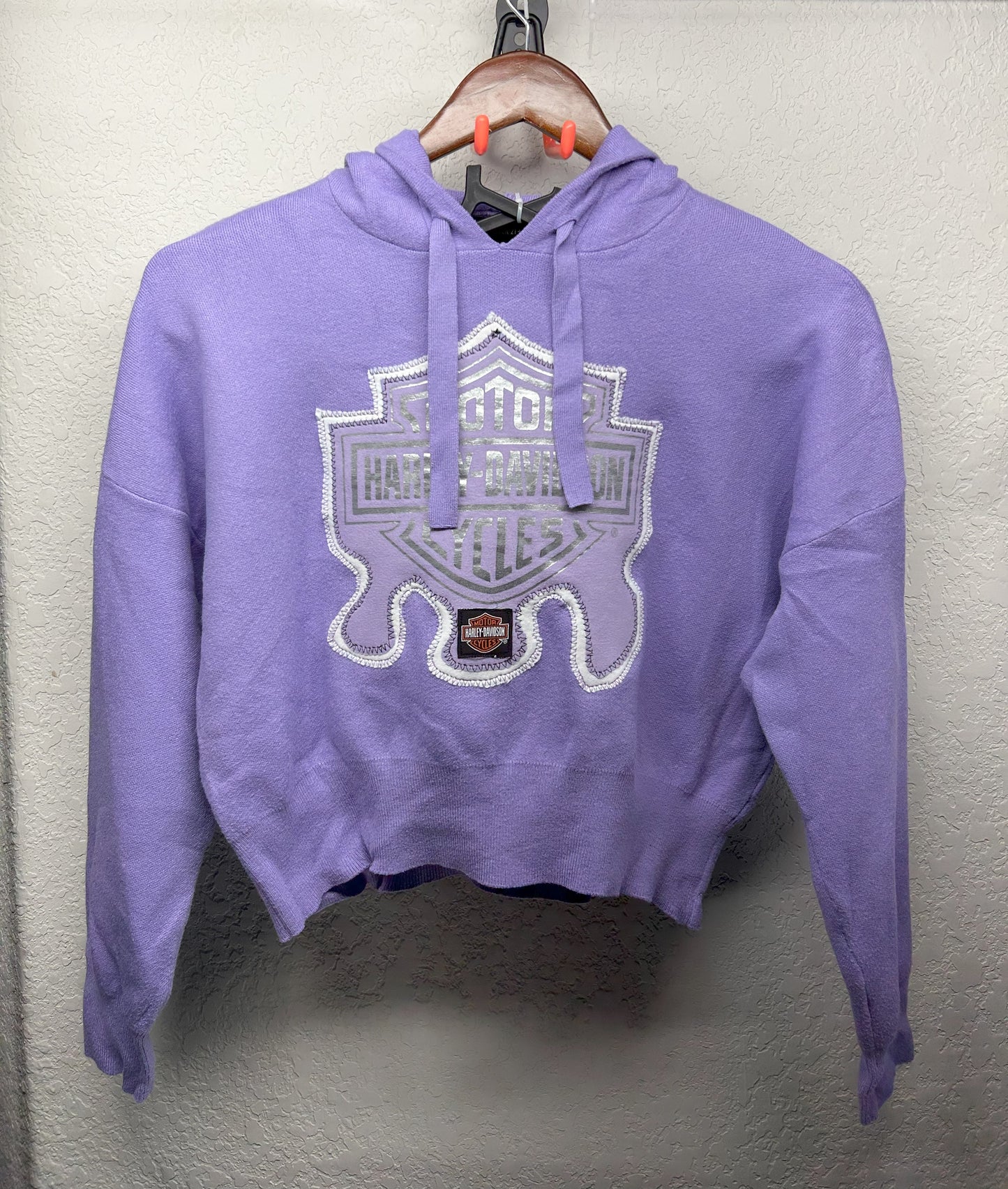 Upcycled/Reworked Crop Top Sweatshirt with Handmade Harley Patch on Lavender Hoodie