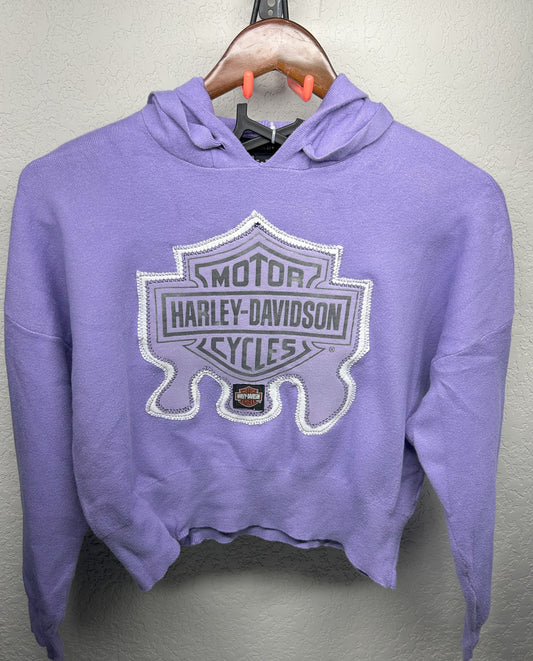 Upcycled/Reworked Crop Top Sweatshirt with Handmade Harley Patch on Lavender Hoodie